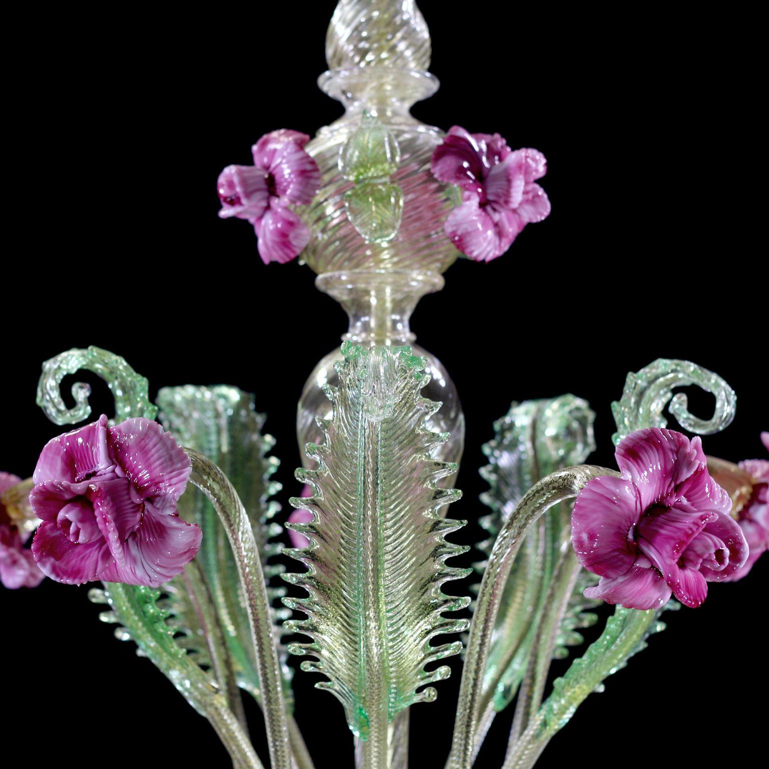 Other Artistic Chandelier 6 Arms Gold Murano Glass Pink and Gree Details by Multiforme For Sale