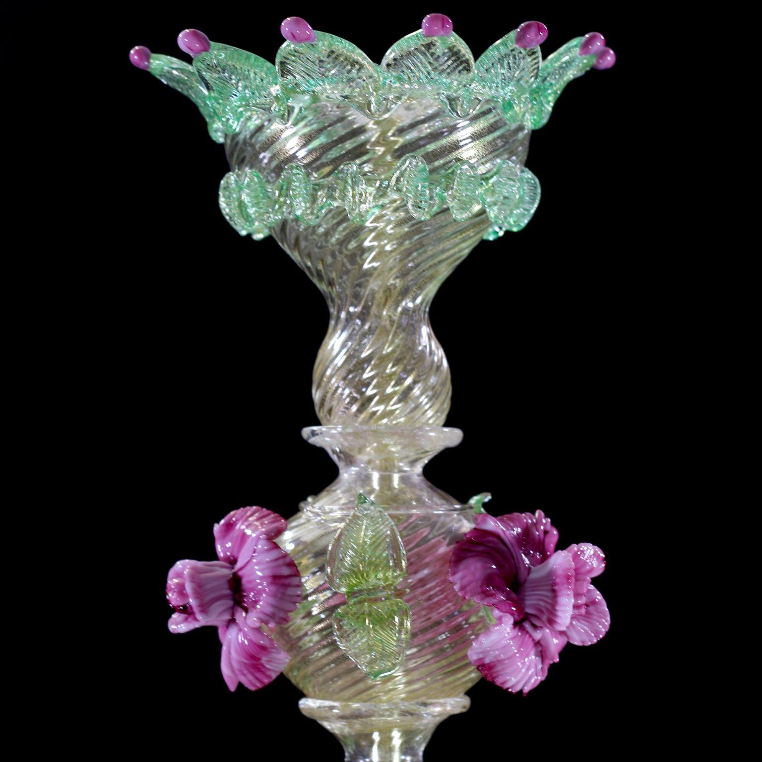 Italian Artistic Chandelier 6 Arms Gold Murano Glass Pink and Gree Details by Multiforme For Sale