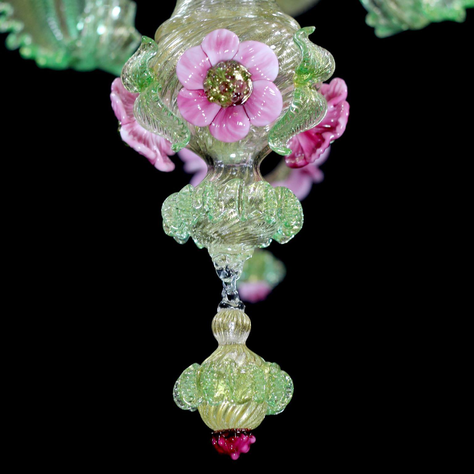 Contemporary Artistic Chandelier 6 Arms Gold Murano Glass Pink and Gree Details by Multiforme For Sale