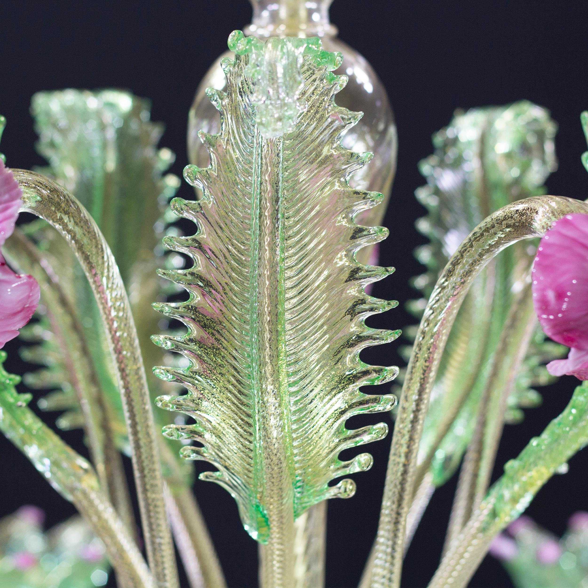 Araña Artística 6 Brazos Vidrio Murano Dorado Rosa y Detalles Gree by Multiforme Siglo XXI y contemporáneo en venta