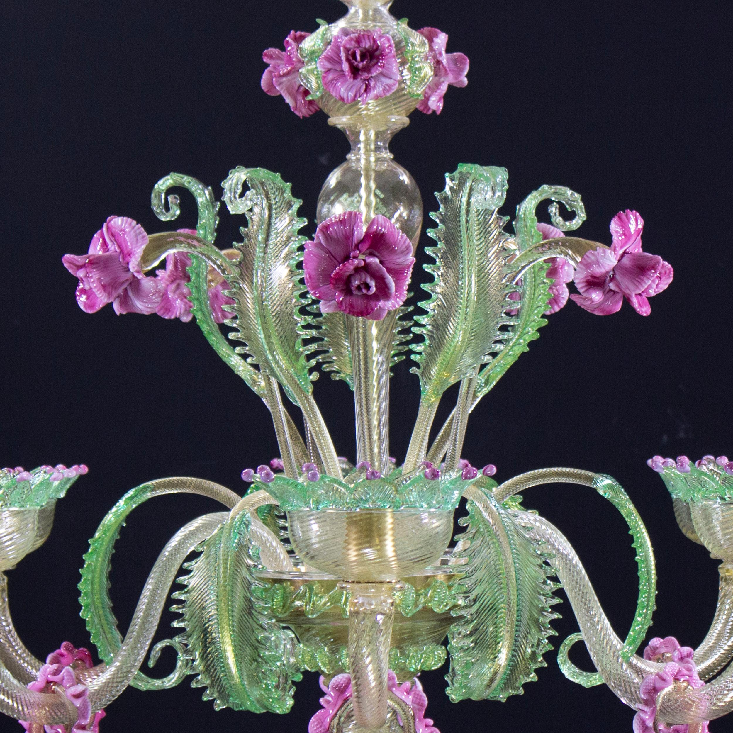 Araña Artística 6 Brazos Vidrio Murano Dorado Rosa y Detalles Gree by Multiforme Vidrio soplado en venta