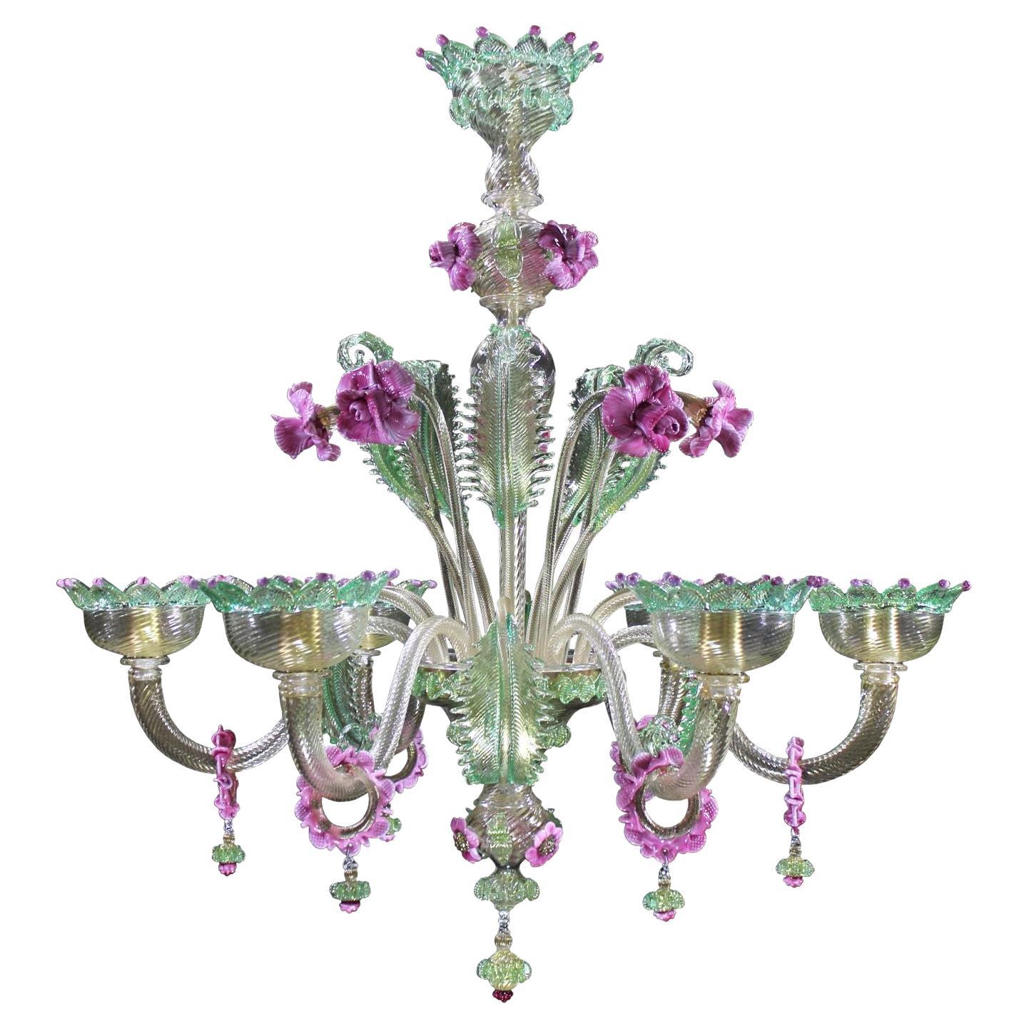 Artistic Chandelier 6 Arms Gold Murano Glass Pink and Gree Details by Multiforme
