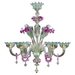 Artistic Chandelier 6 Arms Gold Murano Glass Pink and Gree Details by Multiforme