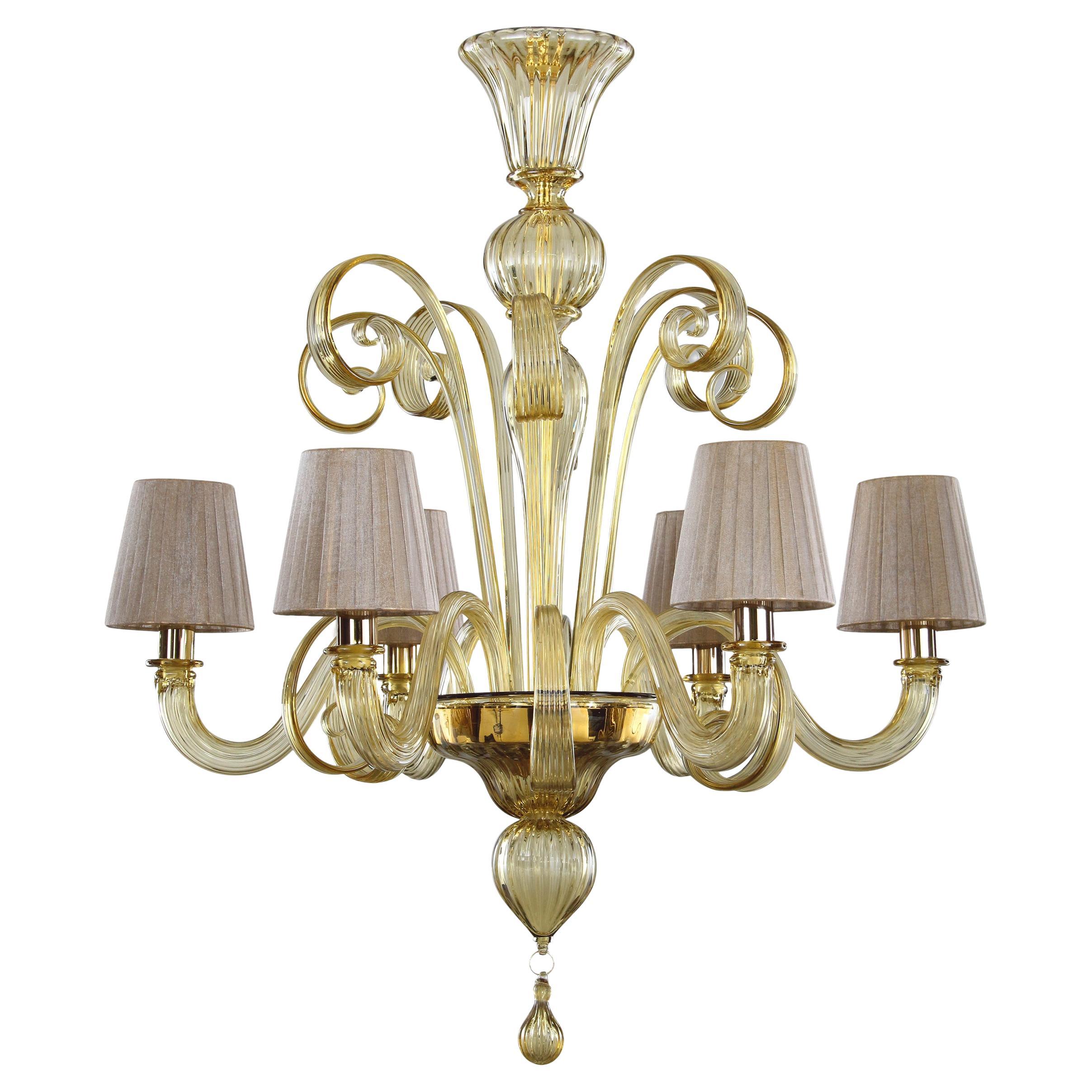 Artistic Chandelier 6 Arms Straw Leaf Murano Glass and Lampshades by Multiforme