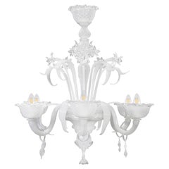 Artistic Chandelier 6 Arms White Murano Glass Clear Details by Multiforme