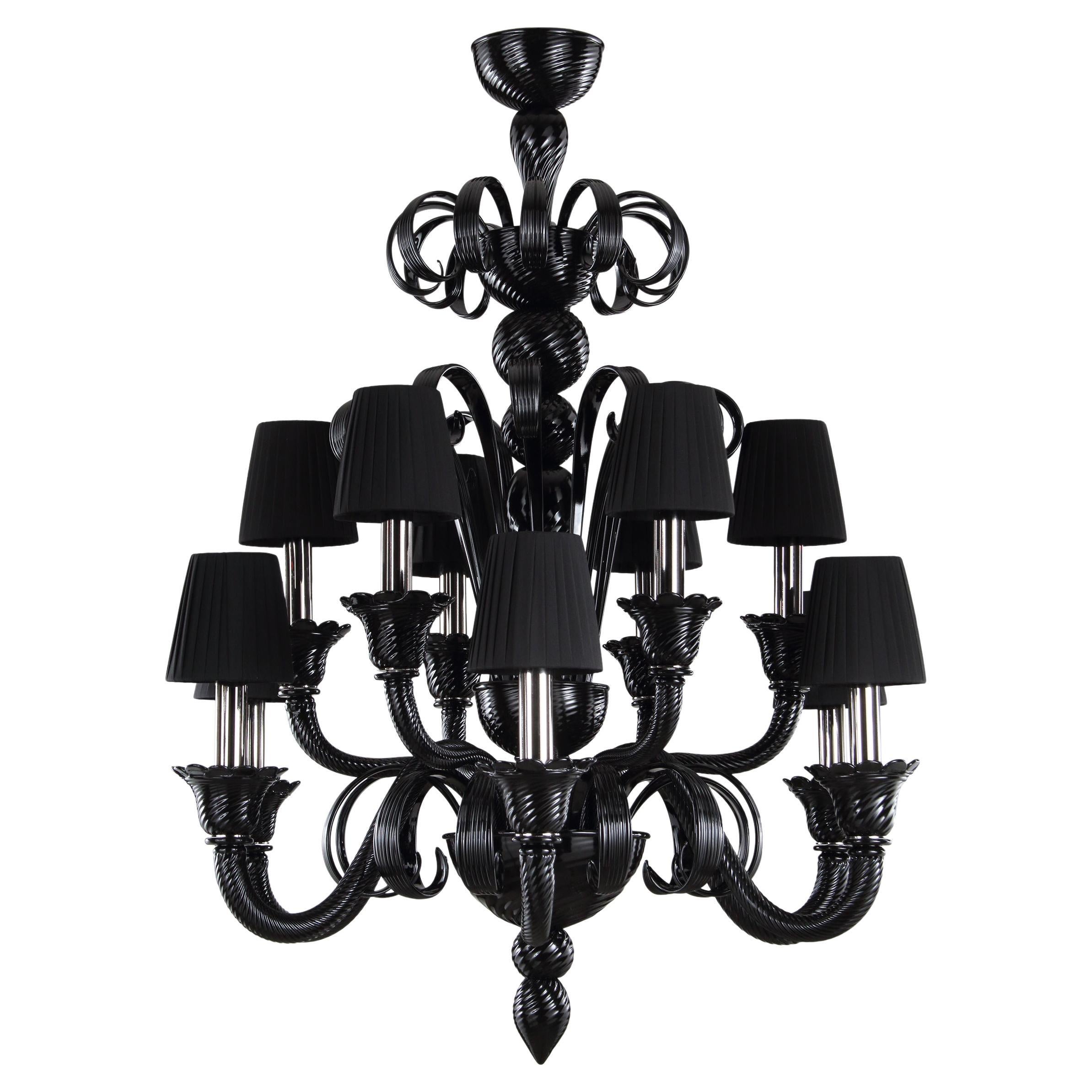 Artistic Chandelier 6+6 Arms Black Murano Glass, Lampshades IKO by Multiforme