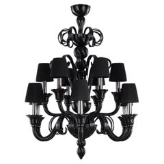 Artistic Chandelier 6+6 Arms Black Murano Glass, Lampshades IKO by Multiforme