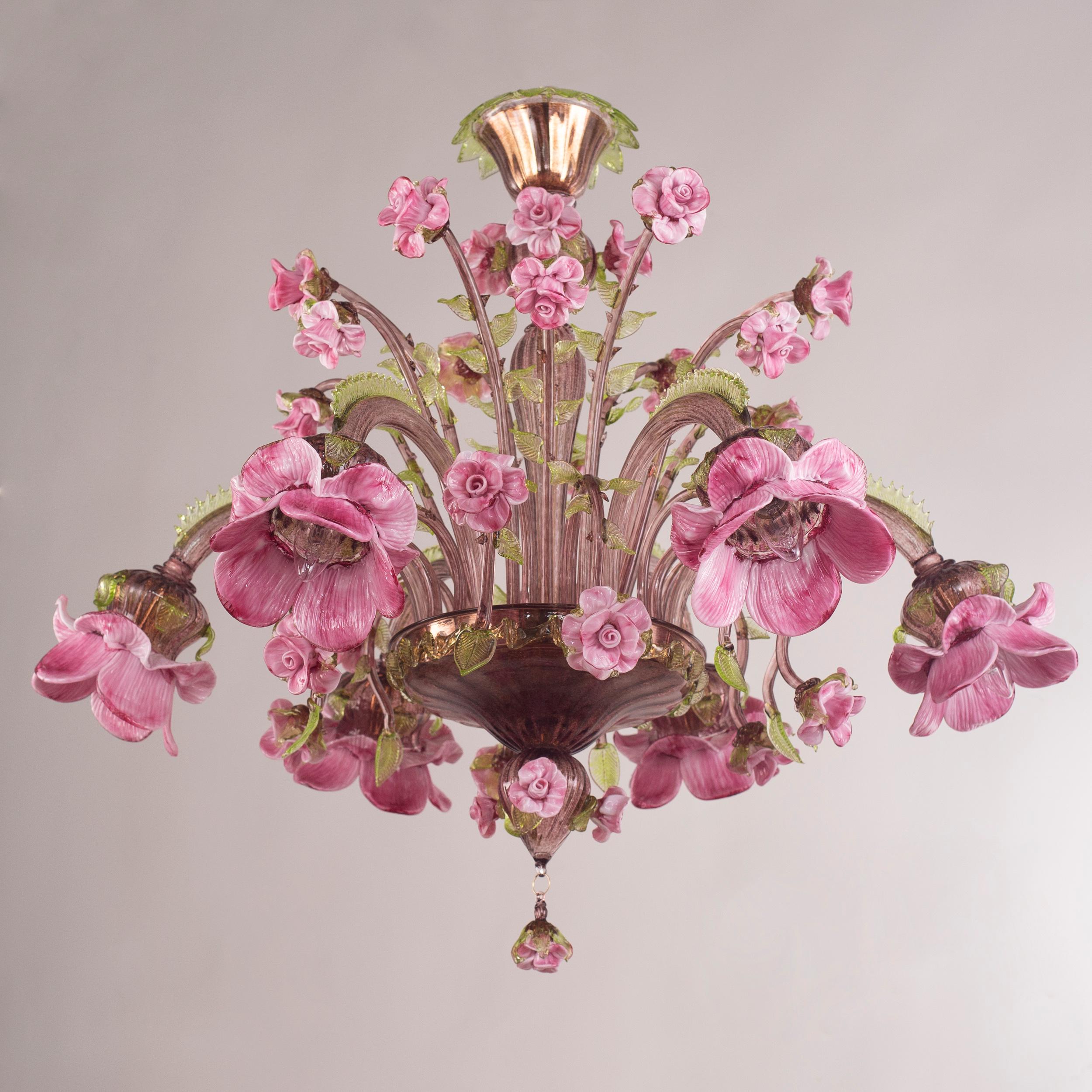 Artistischer 6-armiger Kronleuchter Amethyst-grün-rosa Murano Glas Rosae von Multiforme (Sonstiges) im Angebot