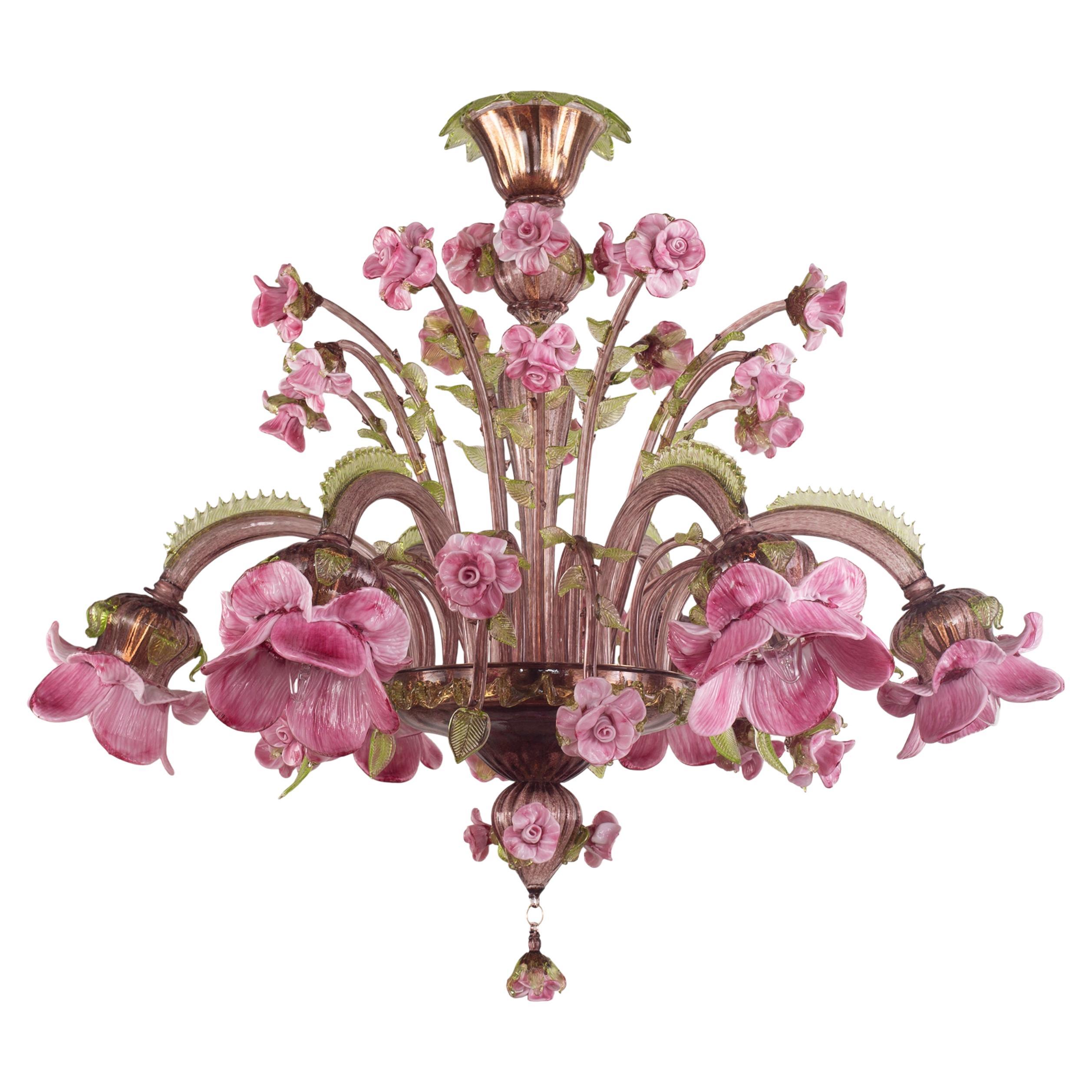 Artistic Chandelier 6arms Amethyst-green-pink Murano Glass Rosae by Multiforme
