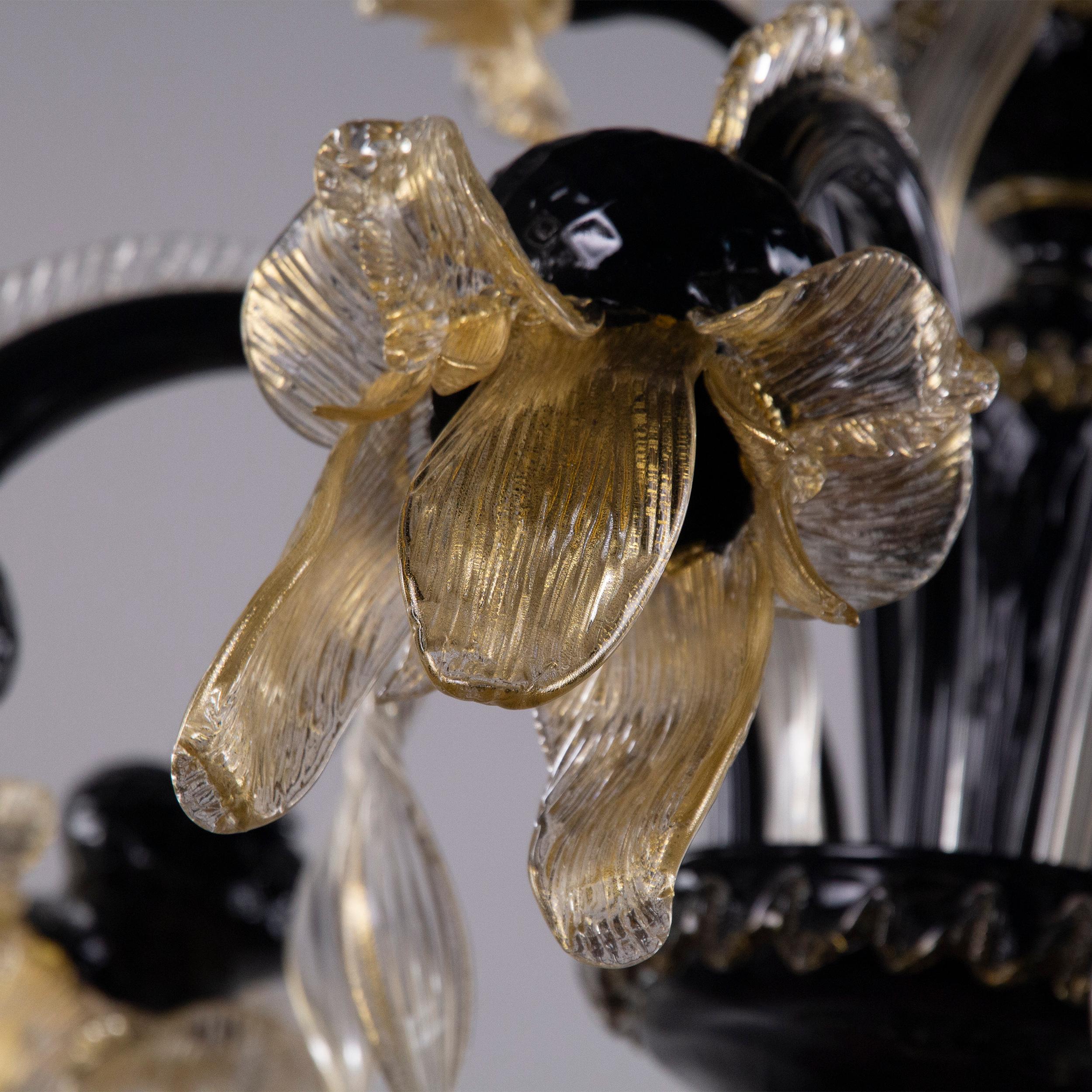 Artistic Chandelier 6Arms Black and Gold Murano Glass by Multiforme in stock For Sale 1