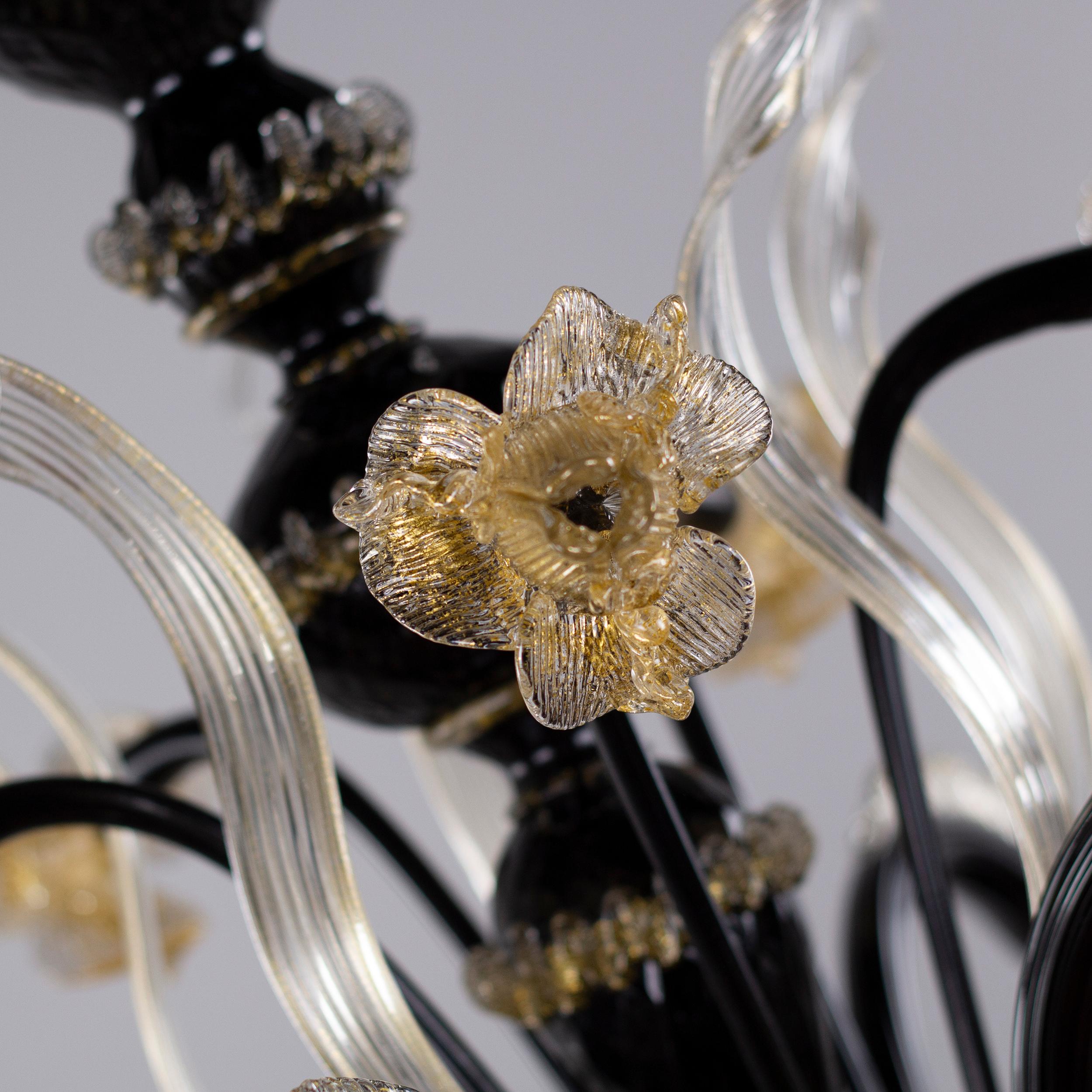 Artistic Chandelier 6Arms Black and Gold Murano Glass by Multiforme in stock For Sale 2
