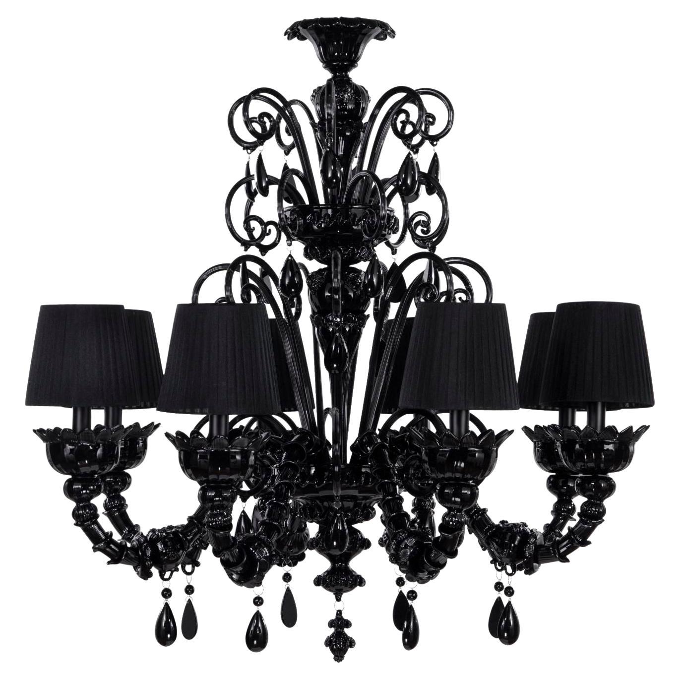 Artistic Chandelier 8 Arms Black Murano Glass and Lampshades by Multiforme