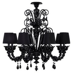Artistic Chandelier 8 Arms Black Murano Glass and Lampshades by Multiforme
