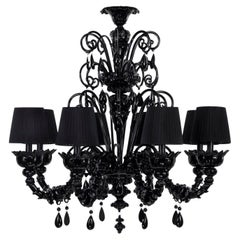 Lampadario artistico a 8 bracci in vetro di Murano nero e paralumi di Multiforme