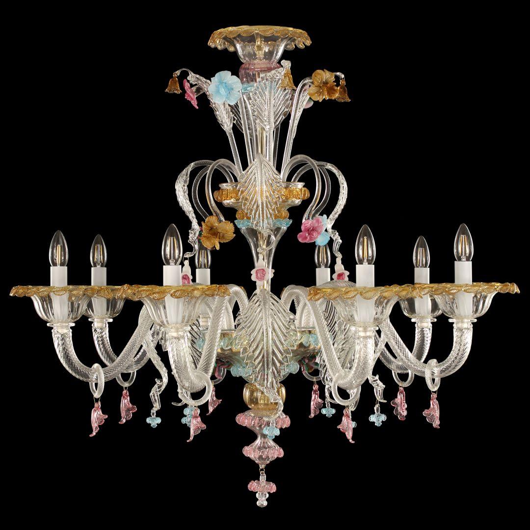 Lampadario Toffee a 8 bracci, cristallo di Murano, dettagli multicolore di Multiforme.
Il lampadario artistico in vetro toffee è un'opera di illuminazione elegante e delicata, colorata con toni pastello. La struttura è una combinazione di volumi ben