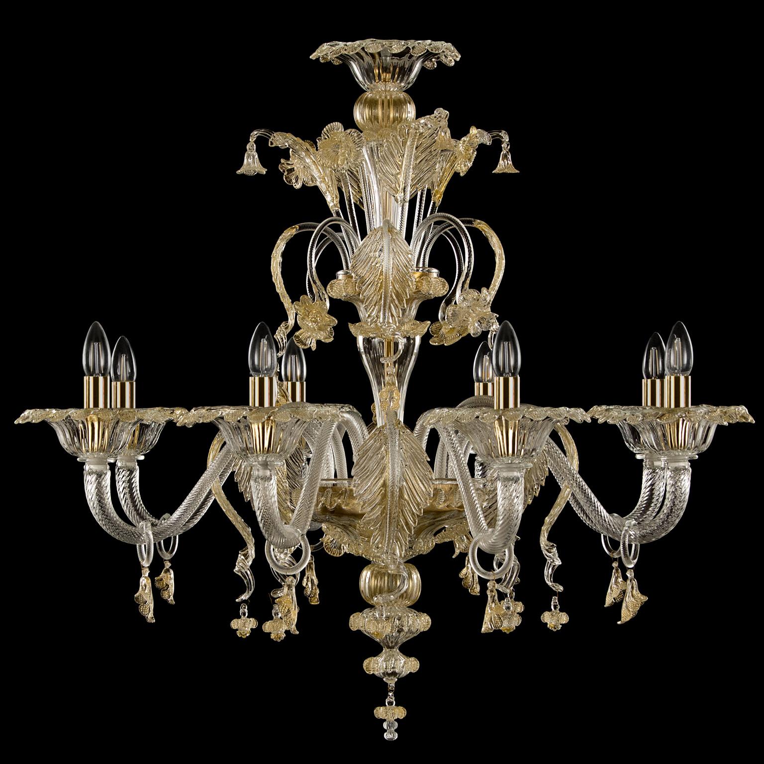 Lustre Toffee 8 bras, style semi-rezzonico, verre de Murano en cristal, détails multicolores par Multiforme.

Le lustre artistique en verre caramel est une œuvre d'éclairage élégante et délicate, colorée dans des tons pastel. La structure est une