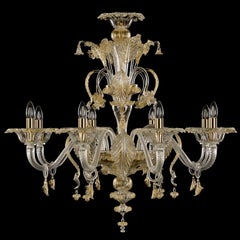 Lampadario artistico a 8 bracci in cristallo di Murano, dettagli in oro di Multiforme