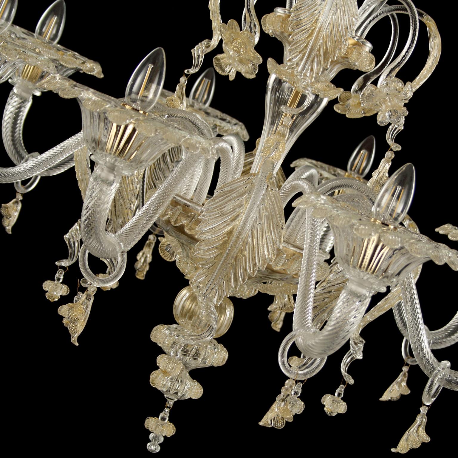 Italian Artistic Chandelier 8 Arms Crystal Murano Glass, Gold Details by Multiforme For Sale