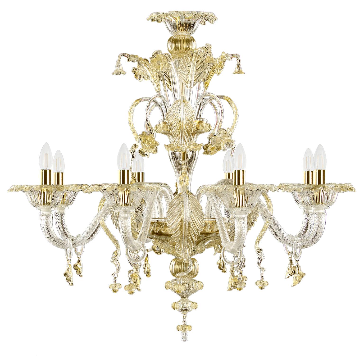 Artistic Chandelier 8 Arms Crystal Murano Glass, Gold Details by Multiforme For Sale