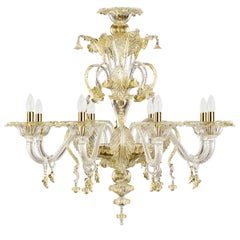 Artistic Chandelier 8 Arms Crystal Murano Glass, Gold Details by Multiforme