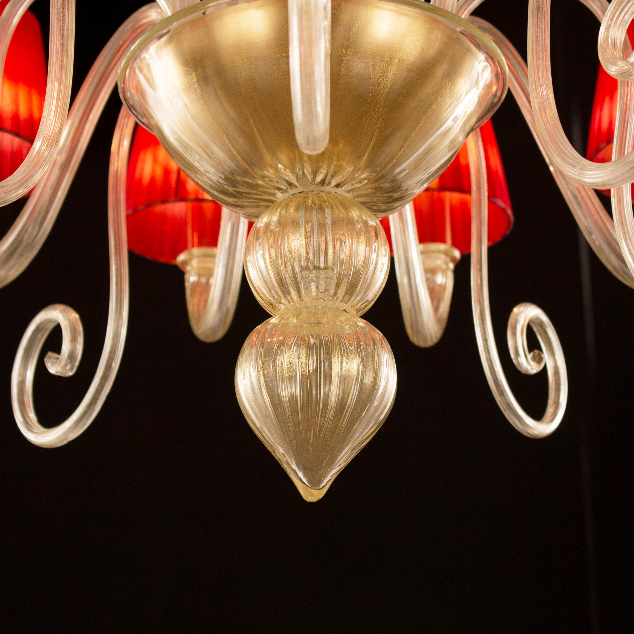 Italian Artistic Chandelier 8 Arms Golden Leaf Murano Glass and Lampshades by Multiforme For Sale