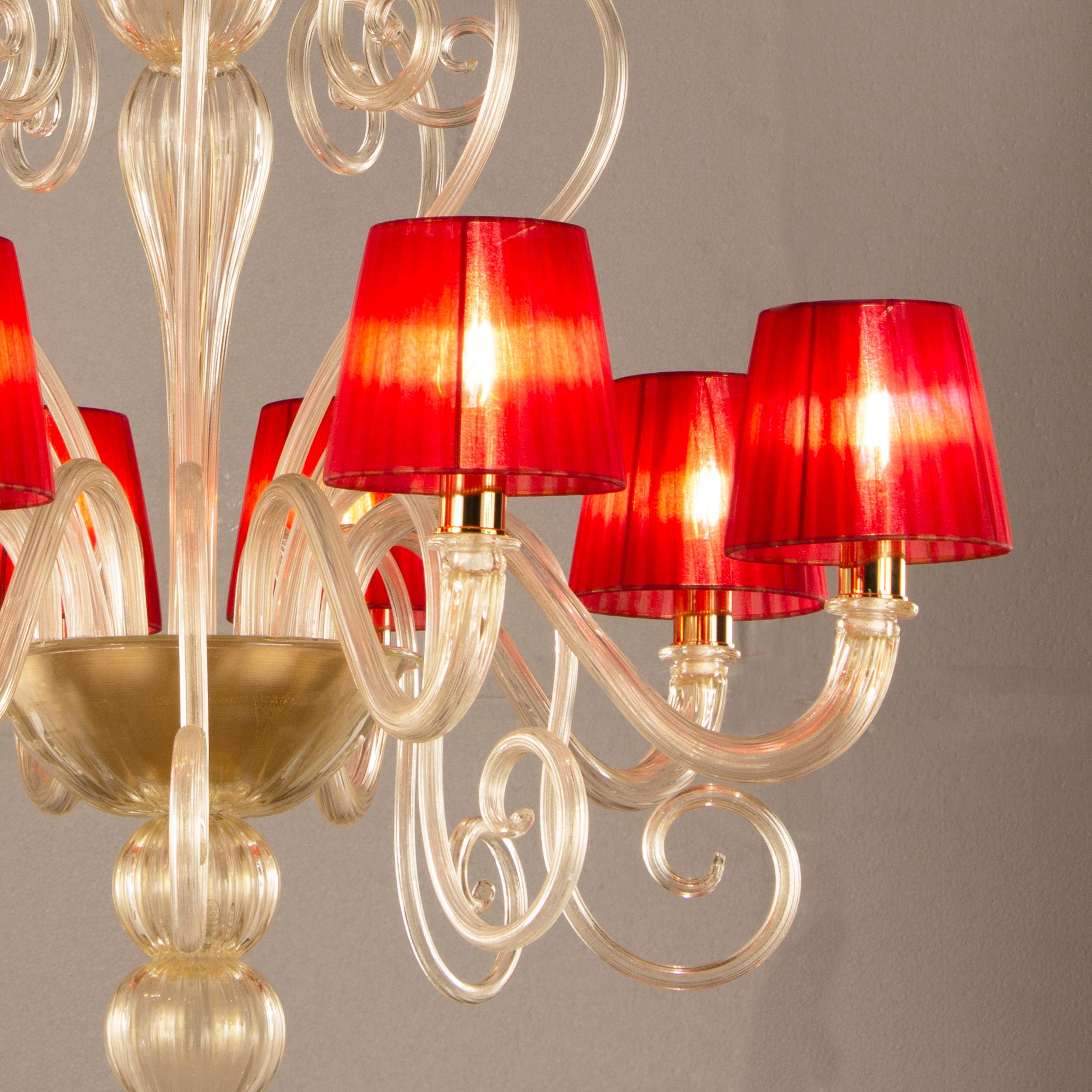 Artistic Chandelier 8 Arms Golden Leaf Murano Glass and Lampshades by Multiforme In New Condition For Sale In Trebaseleghe, IT