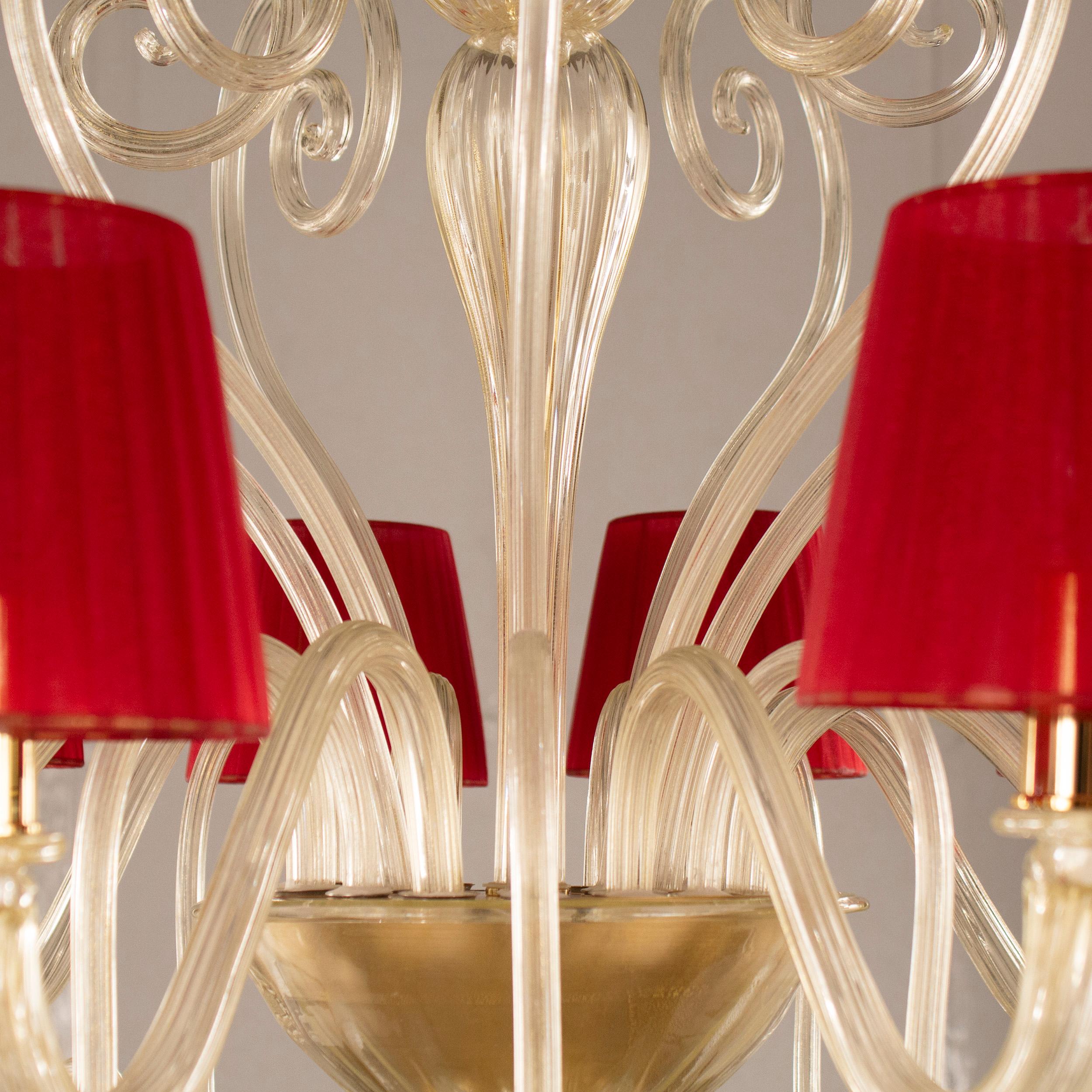 Contemporary Artistic Chandelier 8 Arms Golden Leaf Murano Glass and Lampshades by Multiforme For Sale