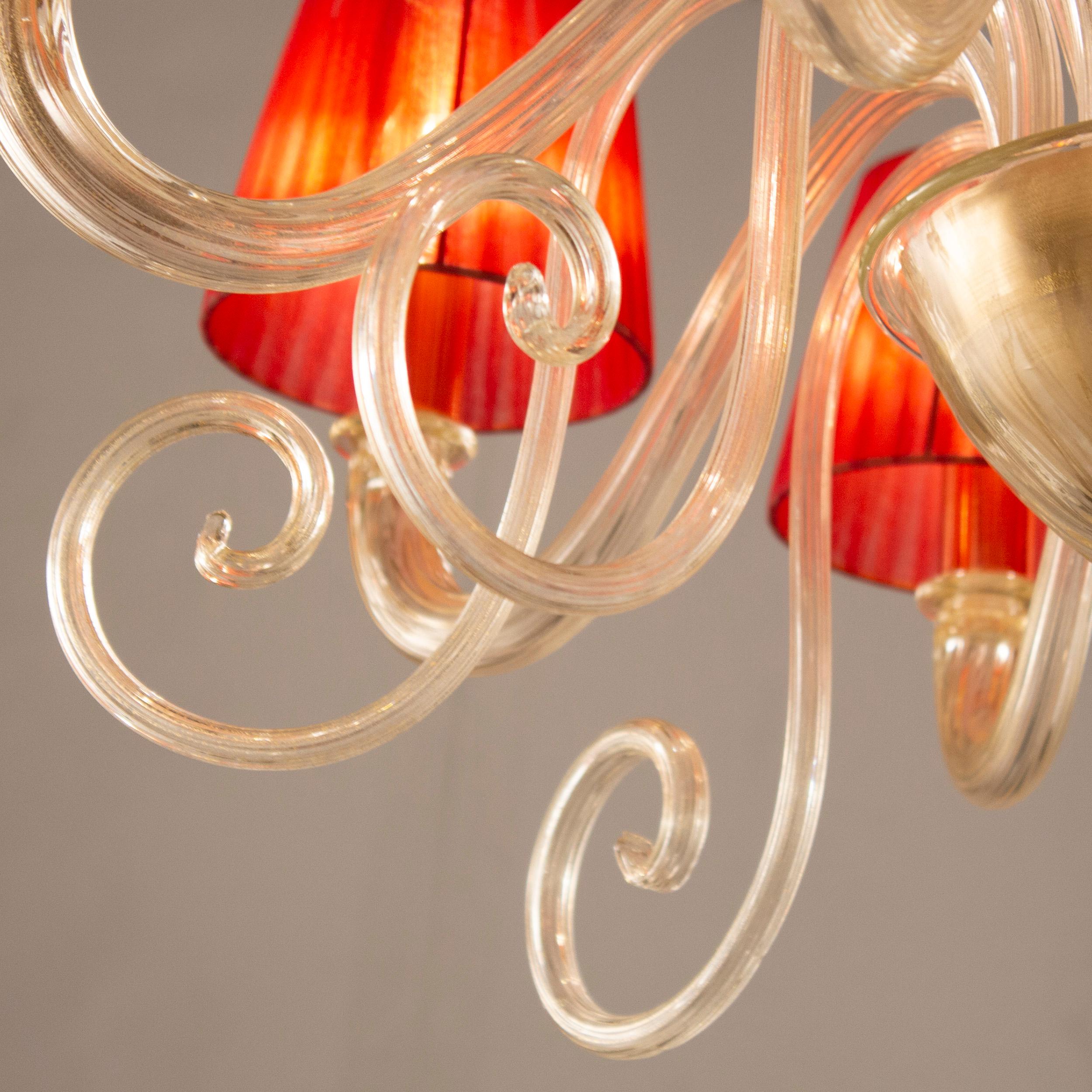 Artistic Chandelier 8 Arms Golden Leaf Murano Glass and Lampshades by Multiforme For Sale 1