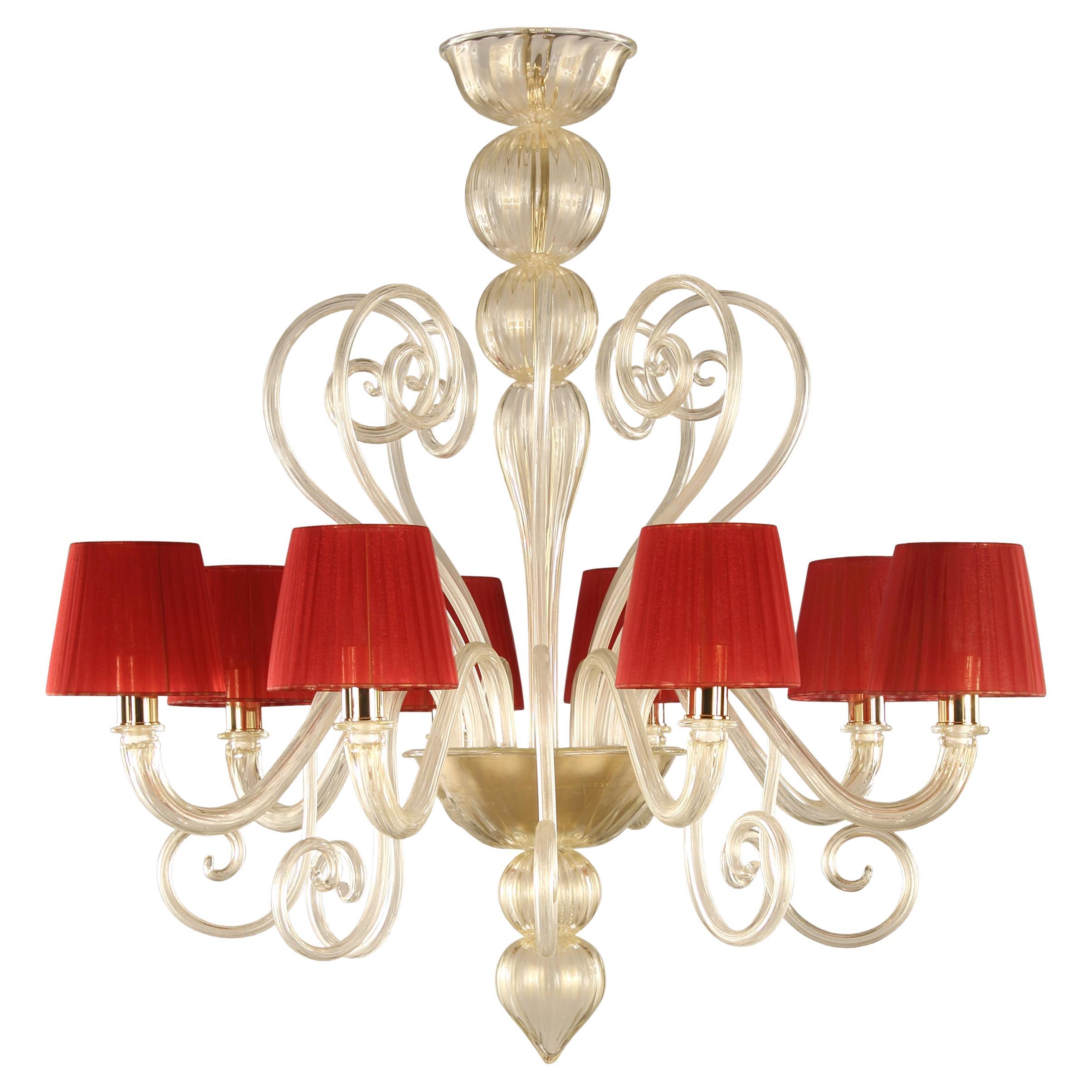 Artistic Chandelier 8 Arms Golden Leaf Murano Glass and Lampshades by Multiforme For Sale