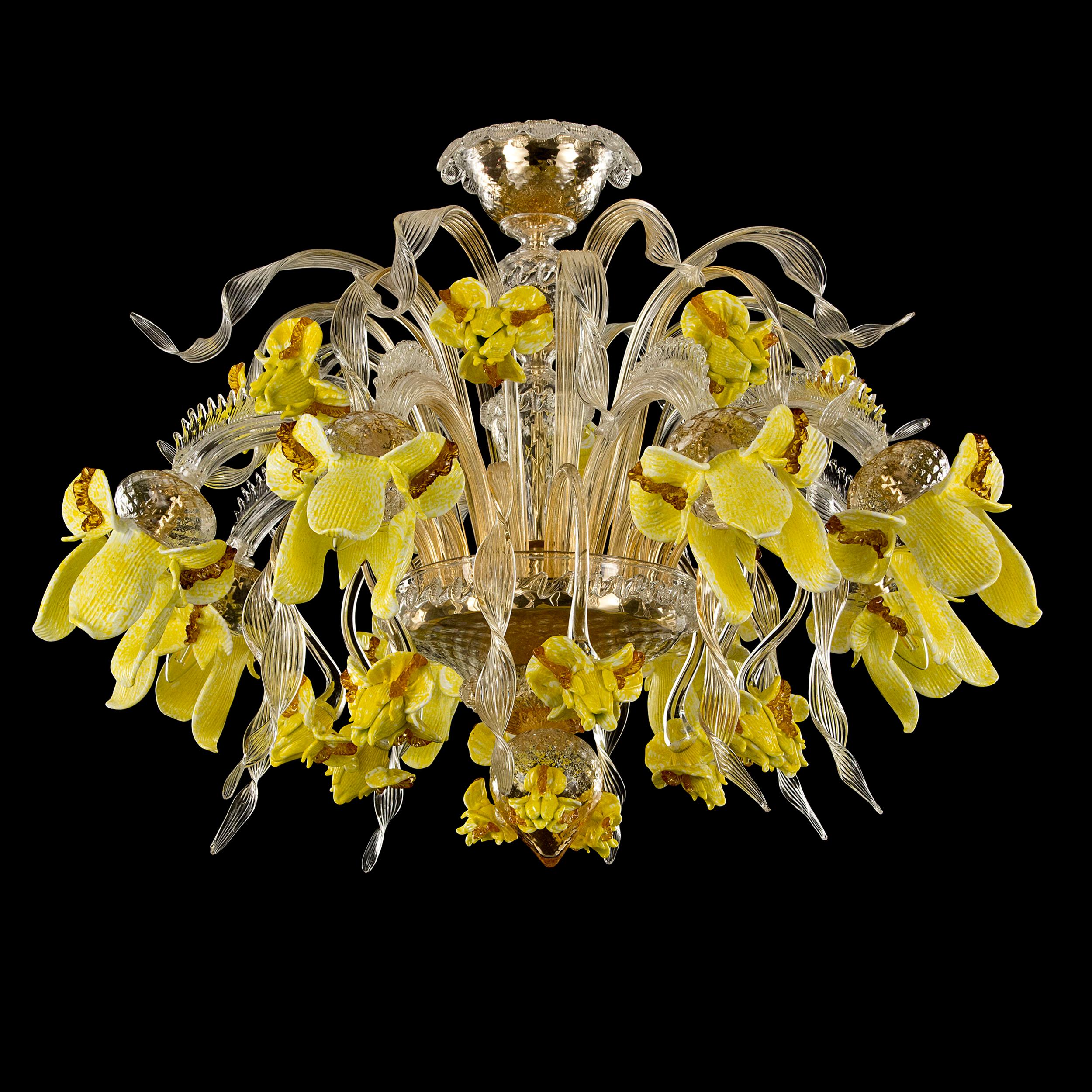 Contemporary Artistic Chandelier 8arms Clear, Amber and Yellow Murano Glass by Multiforme For Sale