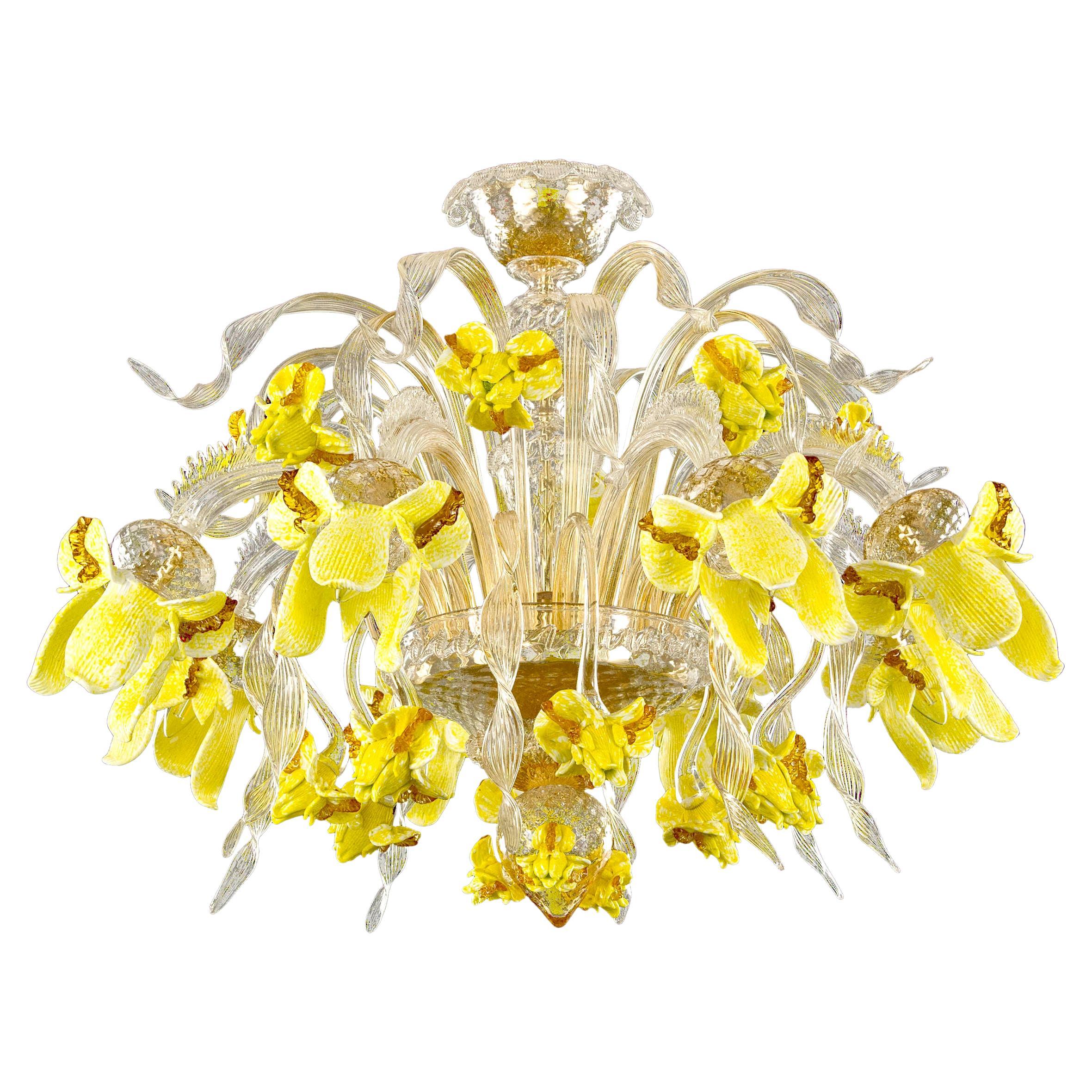 Artistischer 8-armiger Kronleuchter aus klarem, bernsteinfarbenem und gelbem Murano Glas von Multiforme 