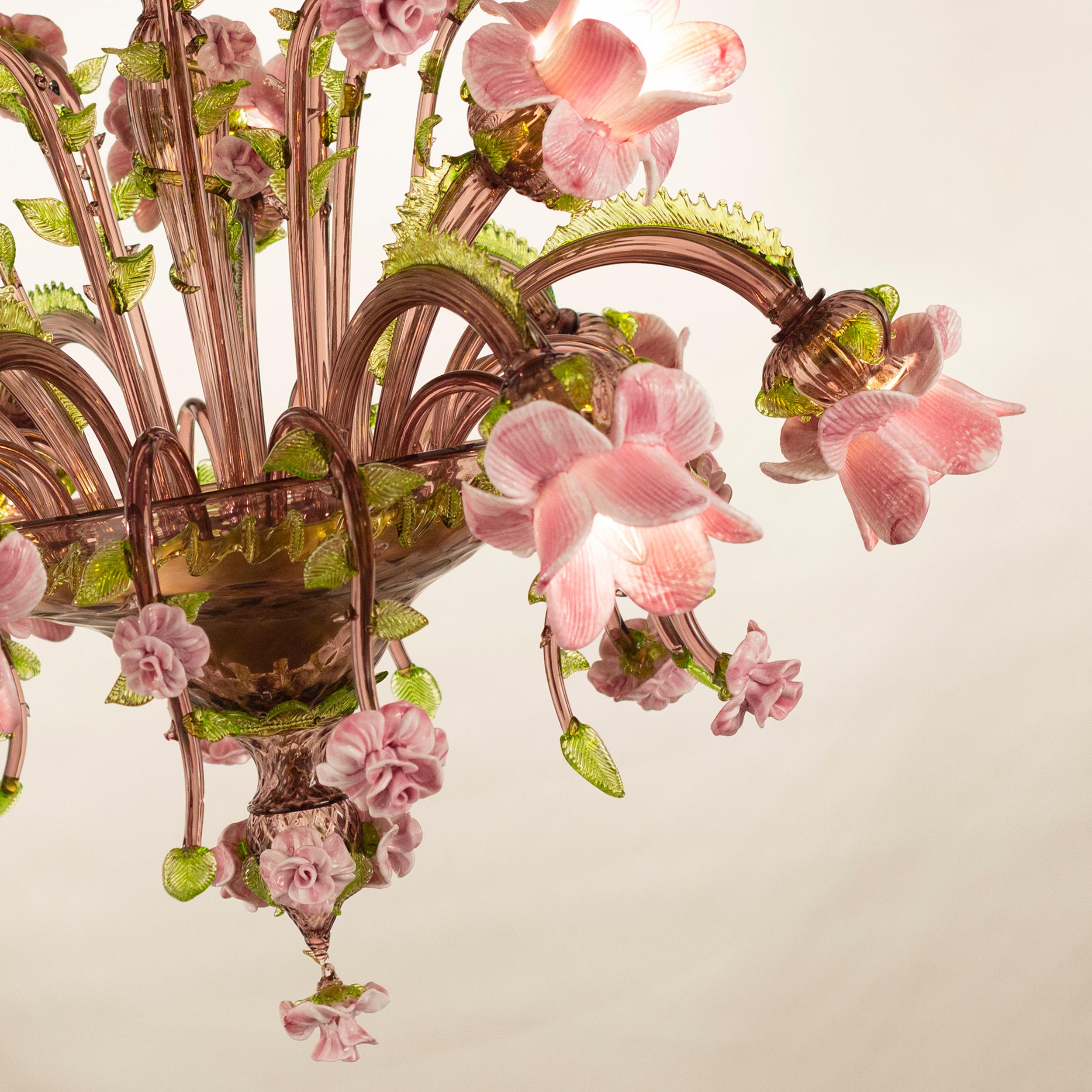 Other Artistic Chandelier 9arms Amethyst-green-pink Murano Glass Rosae by Multiforme For Sale