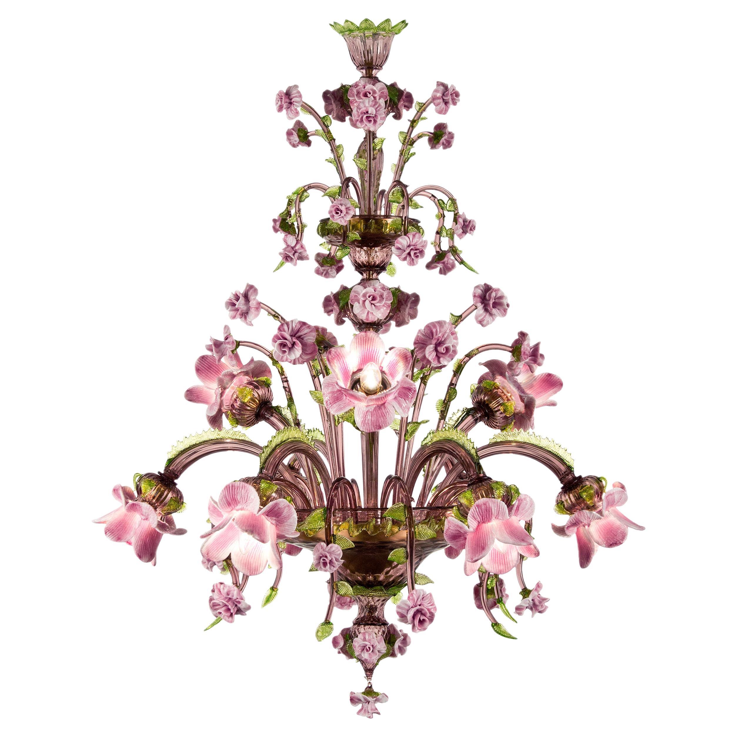 Artistic Chandelier 9arms Amethyst-green-pink Murano Glass Rosae by Multiforme For Sale