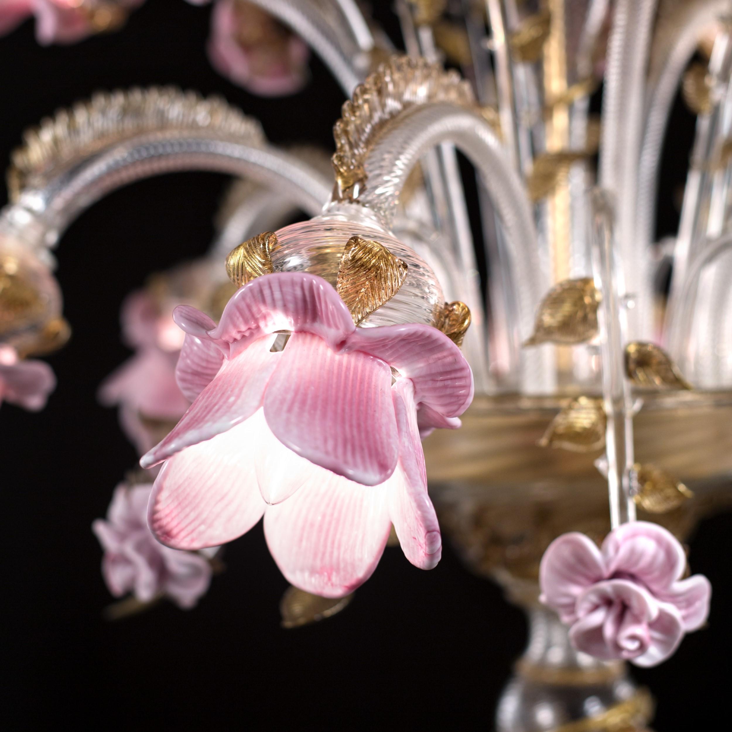 Artistic Chandelier 9Arms Clear-smoky-gold-pink Murano Glass Rosae by Multiforme For Sale 8