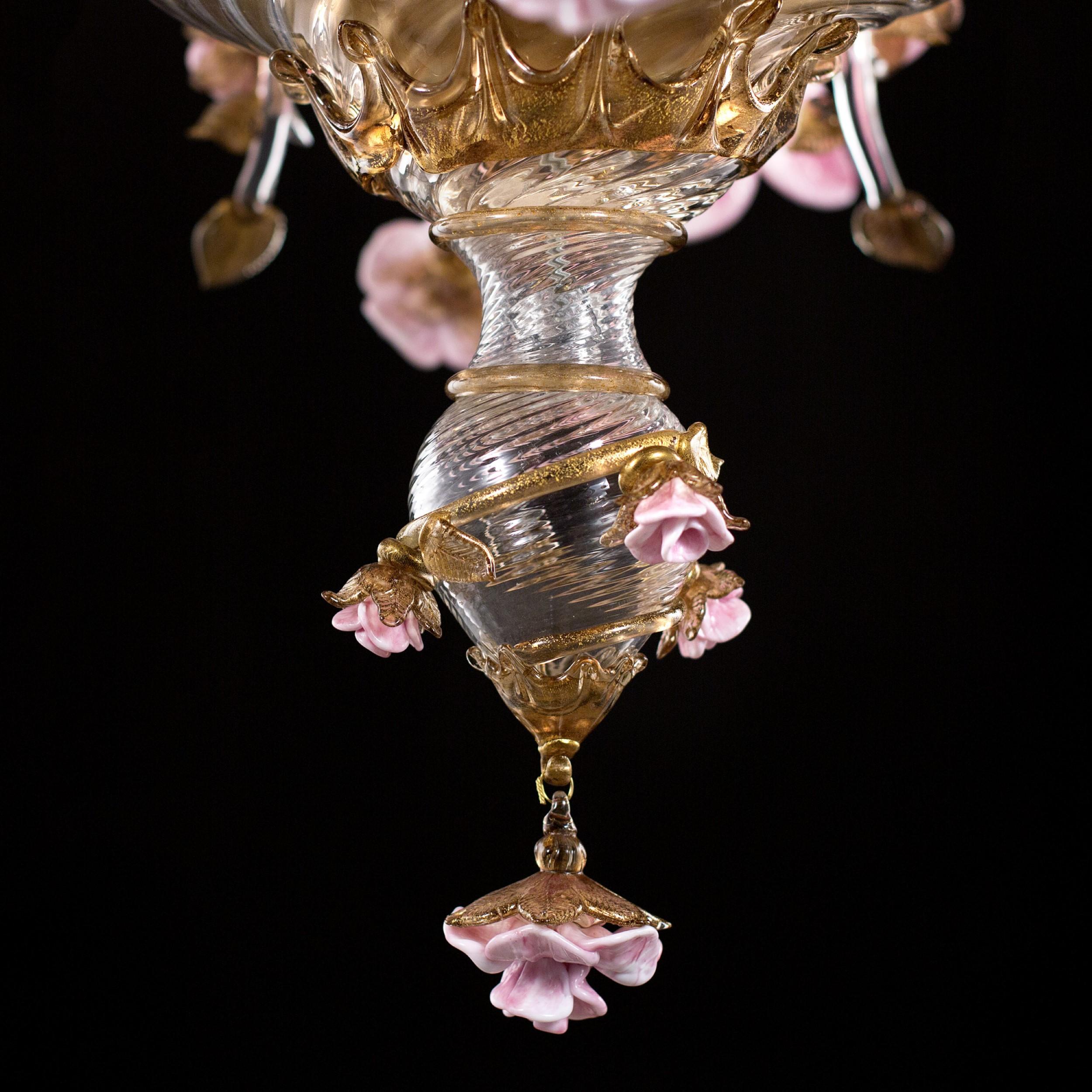 Artistic Chandelier 9Arms Clear-smoky-gold-pink Murano Glass Rosae by Multiforme For Sale 10