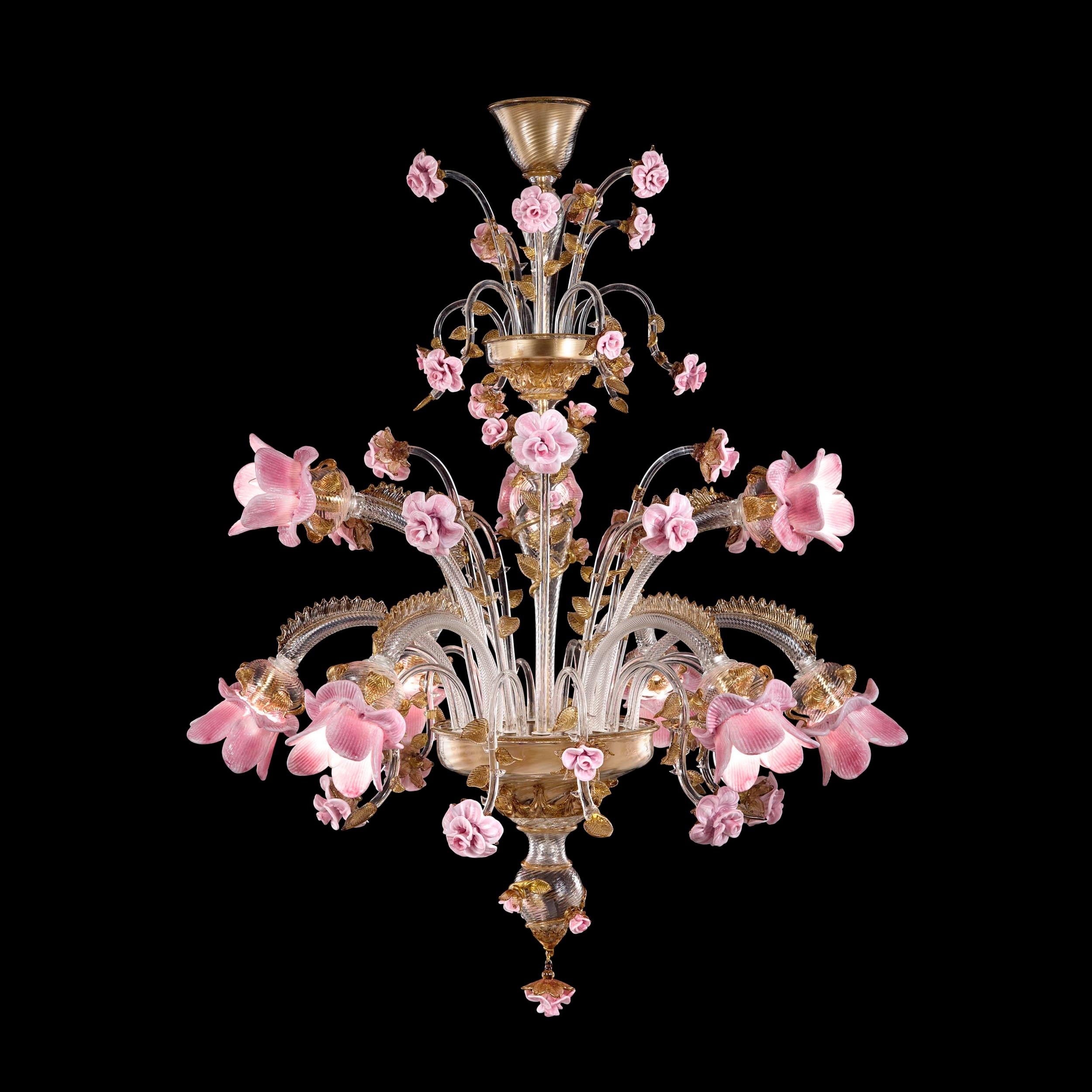 Artistic chandelier 9 arms in clear-smoky-gold-pink Murano glass, flowers in pink vitreous paste Rosae Rosarum by Multiforme.
Three of our Timeless collections have taken inspiration from flowers: Rosae Rosarum, Girasole and Iris; this is the