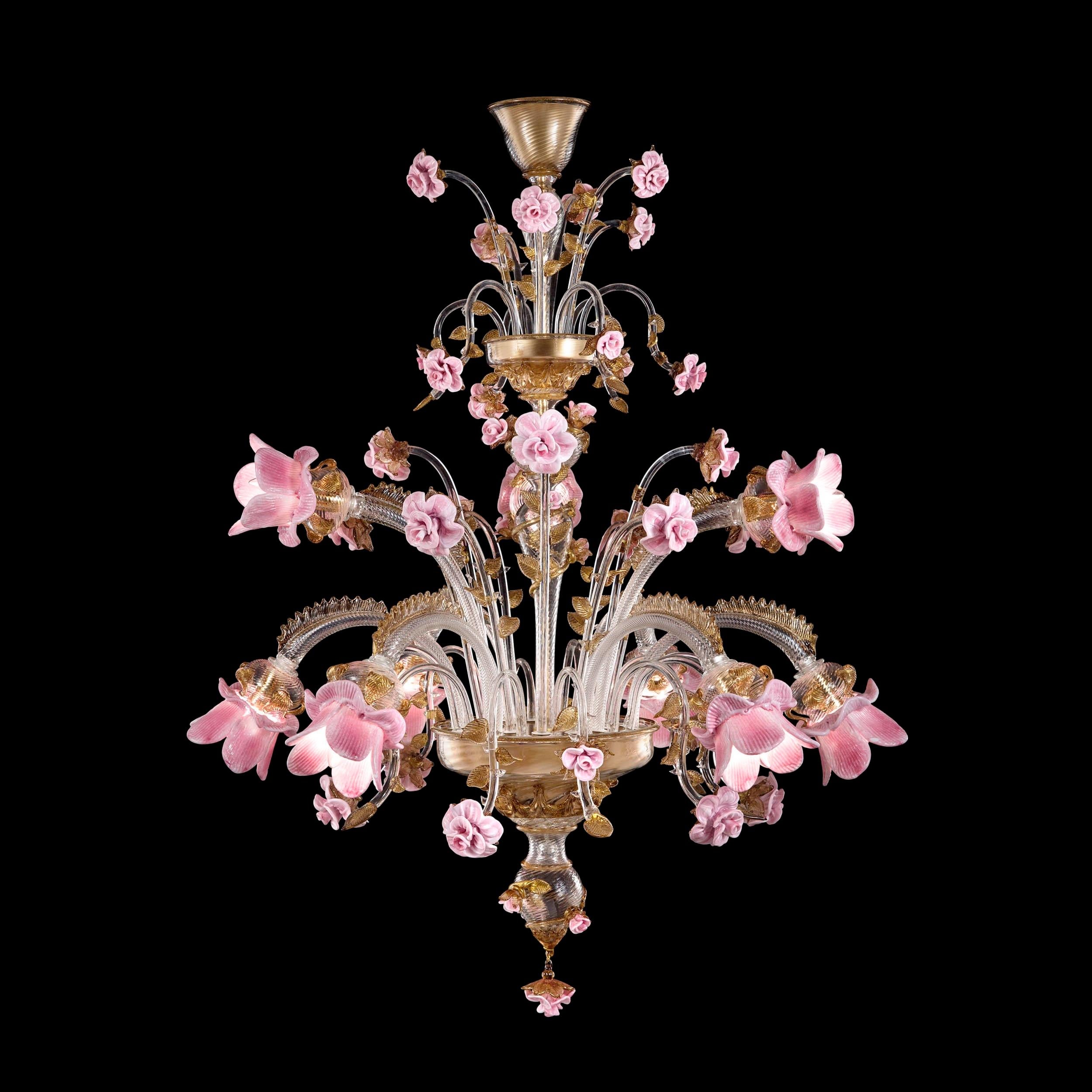 Lampadario artistico a 9 bracci in vetro di Murano trasparente-fumé-oro-rosa, fiori in pasta vitrea rosa Rosae Rosarum di Multiforme.
Tre delle nostre collezioni Timeless hanno tratto ispirazione dai fiori: Rosae Rosarum, Girasole e Iris; questa è