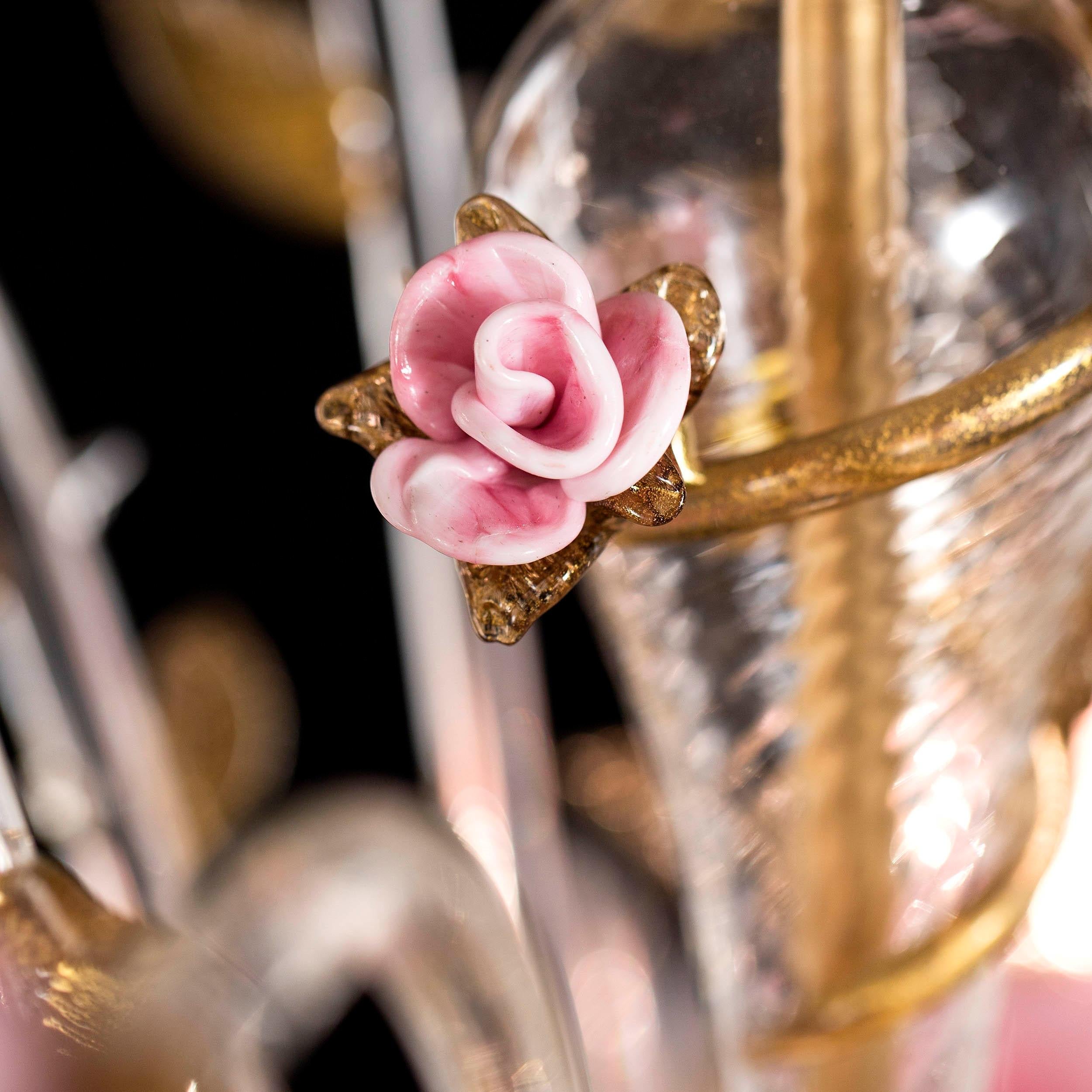 Italiano Lampadario Artistico 9 Archi Rosae in Vetro di Murano Chiaro-Fumoso-Oro-Rosa di Multiforme in vendita