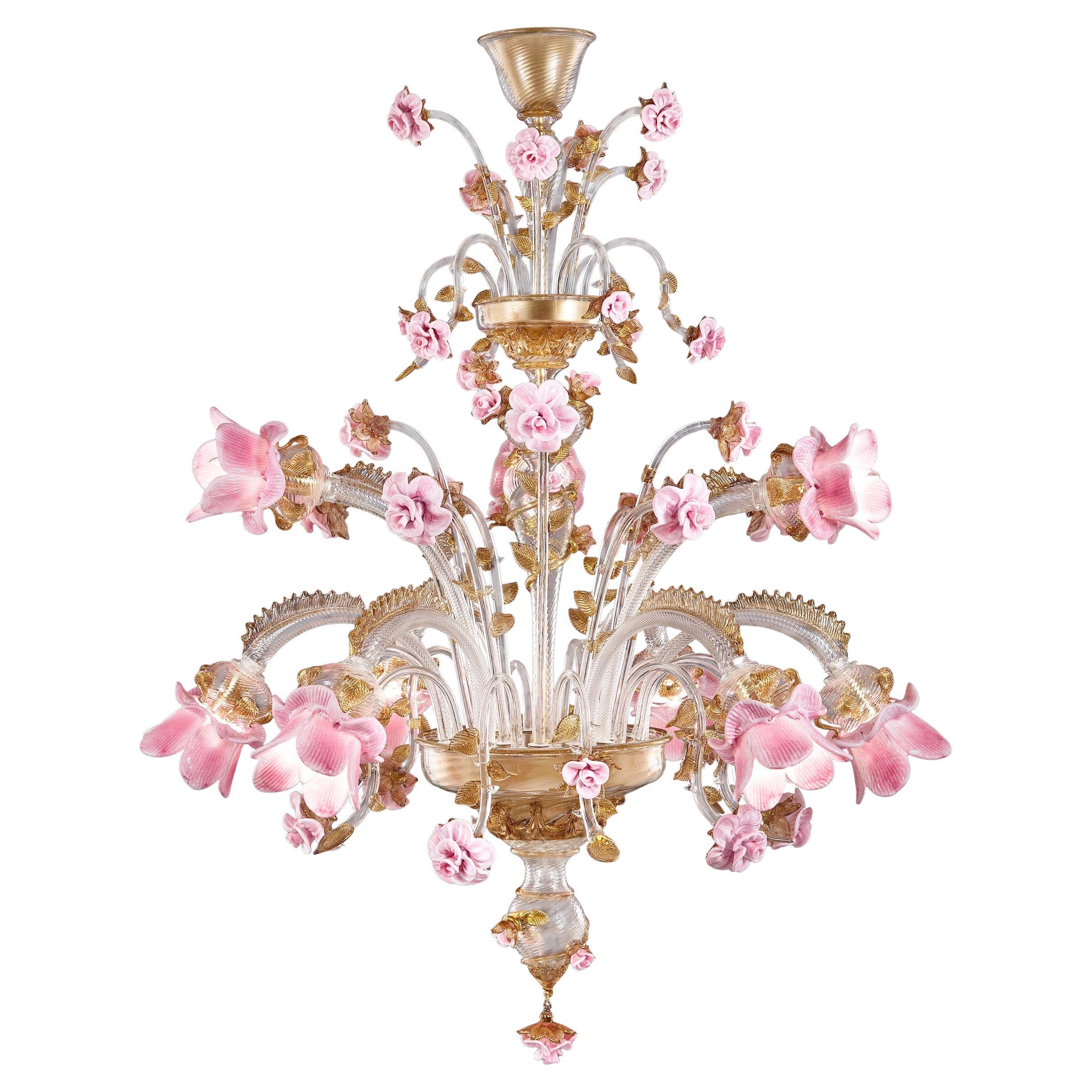 Artistic Chandelier 9Arms Clear-smoky-gold-pink Murano Glass Rosae by Multiforme For Sale