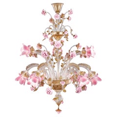 Artistic Chandelier 9Arms Klar-rauchig-gold-rosa Murano Glas Rosae von Multiforme