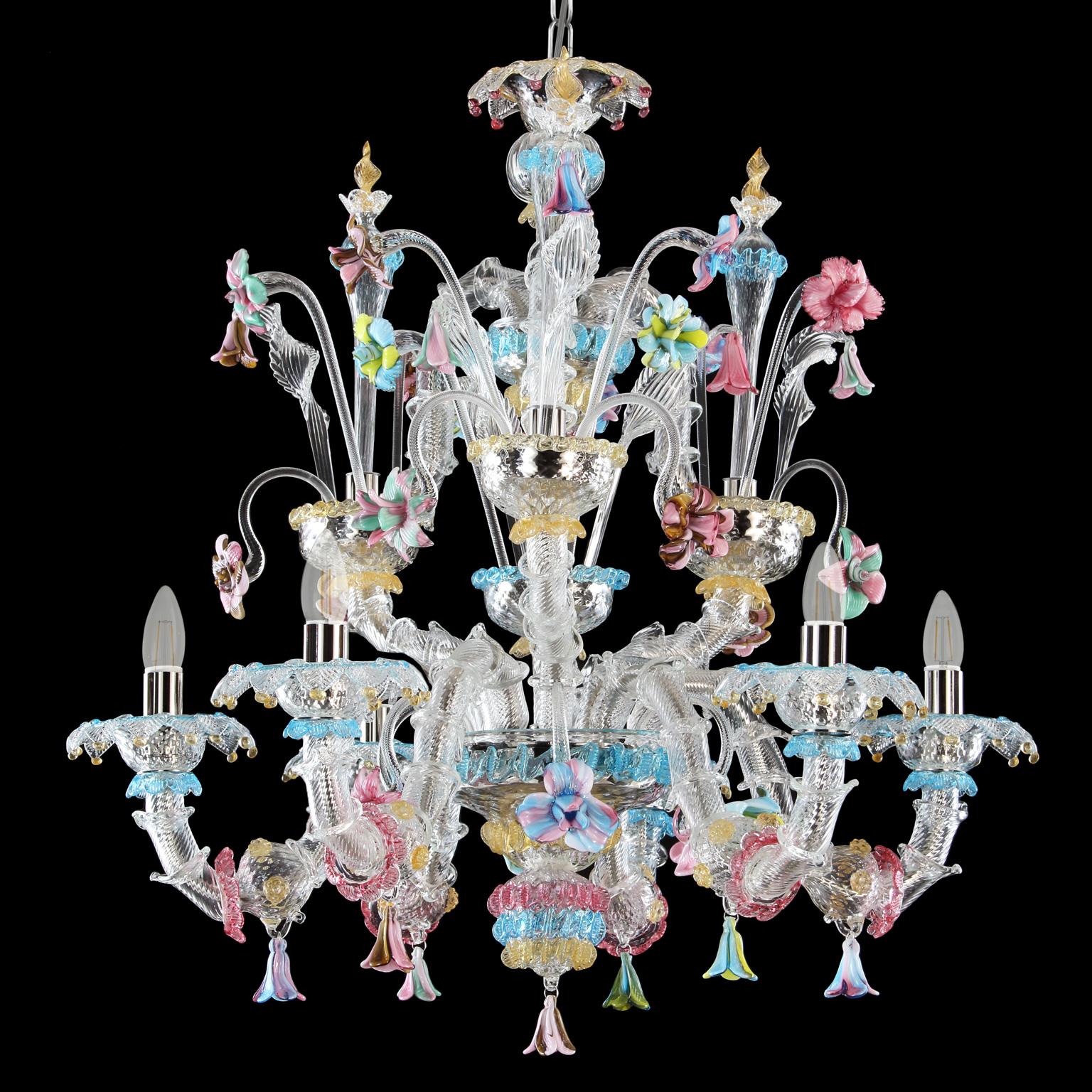 Rezzonico chandelier 6 arms, crystal Murano glass, rich of multi-color details by Multiforme.
This artistic glass chandelier is an elegant and delicate lighting work, colored with pastel tones. The structure is a combination of well-proportioned
