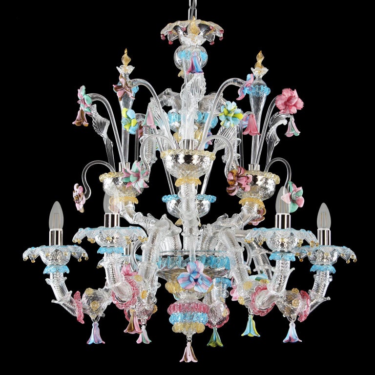 Murano Chandelier, Rezzonico 6 Arms, Clear and MultiColor Glass by