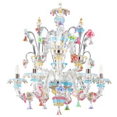 Murano Chandelier Rezzonico 6Arms Clear-Multi-Color Glass by Multiforme in stock