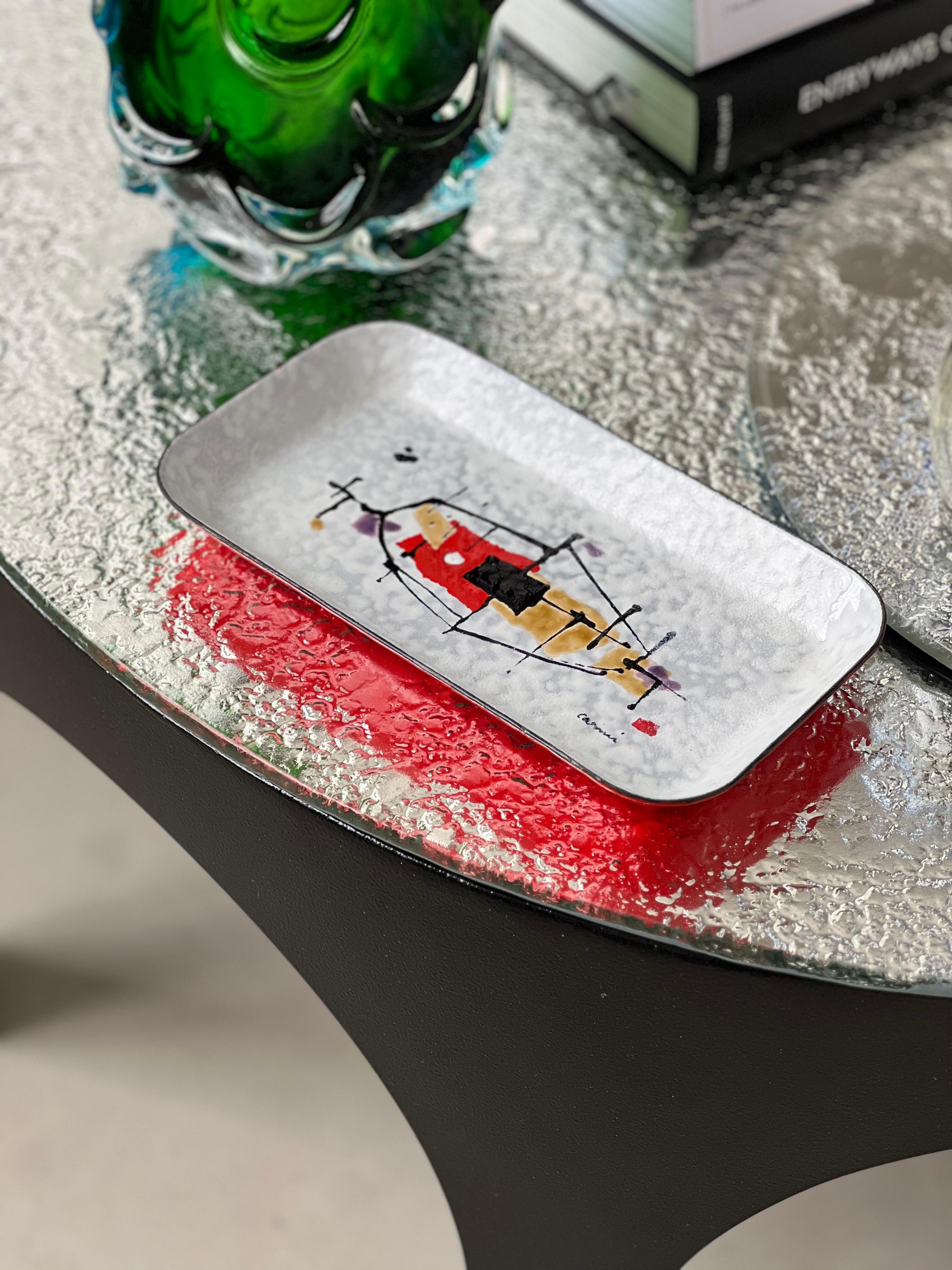 Artistic decorative hand painted metal tray by Eugenio Carmi, steel for progress For Sale 7