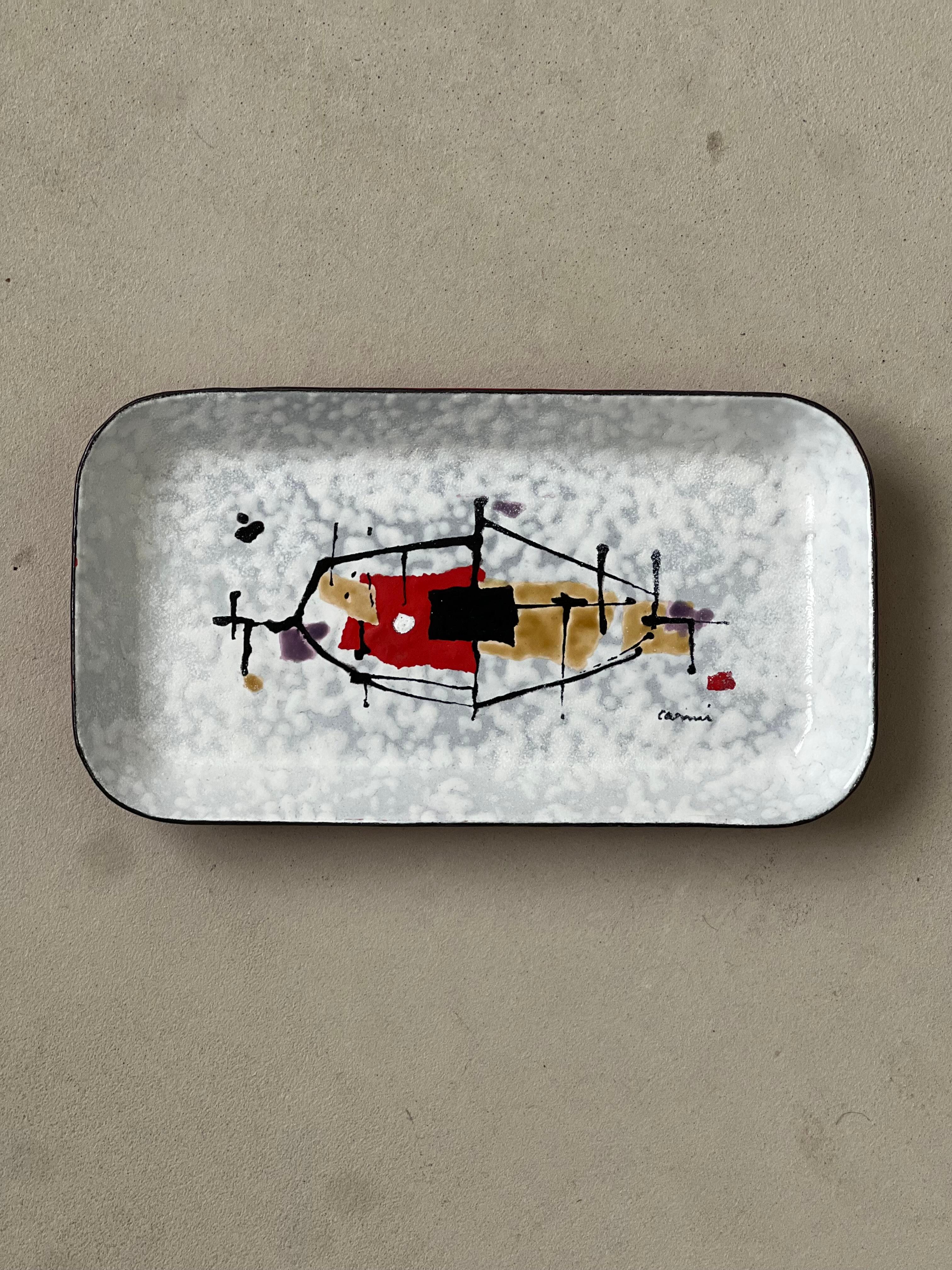 Hand-Painted Artistic decorative hand painted metal tray by Eugenio Carmi, steel for progress For Sale
