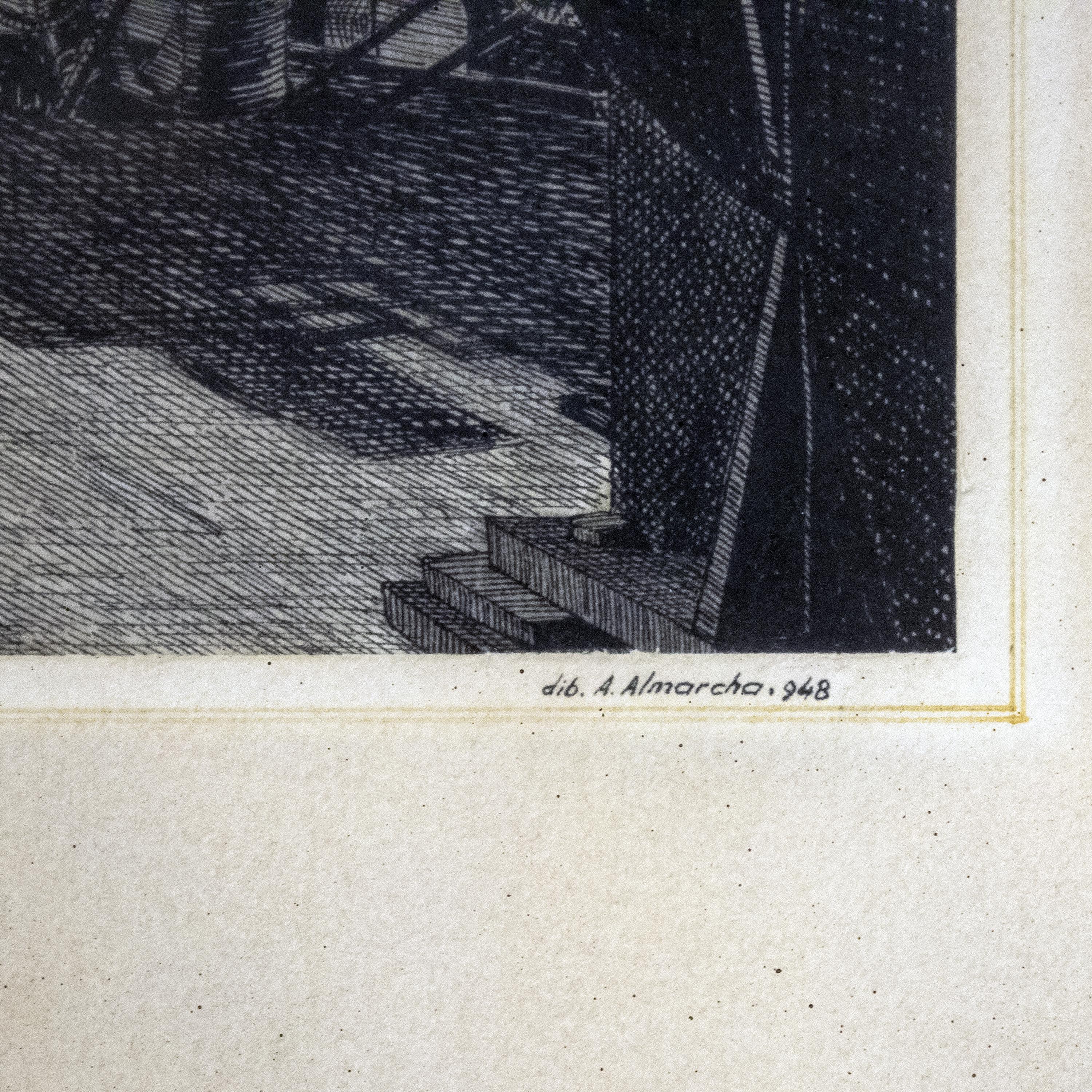 Die künstlerische Zeichnung in Kohle und Graphit von Adolfo Almarcha, Spanien, 1978 (Lackiert) im Angebot