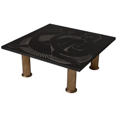 Artistic Engraved Black Granite and Gild Coffee Table by Guy De Jong