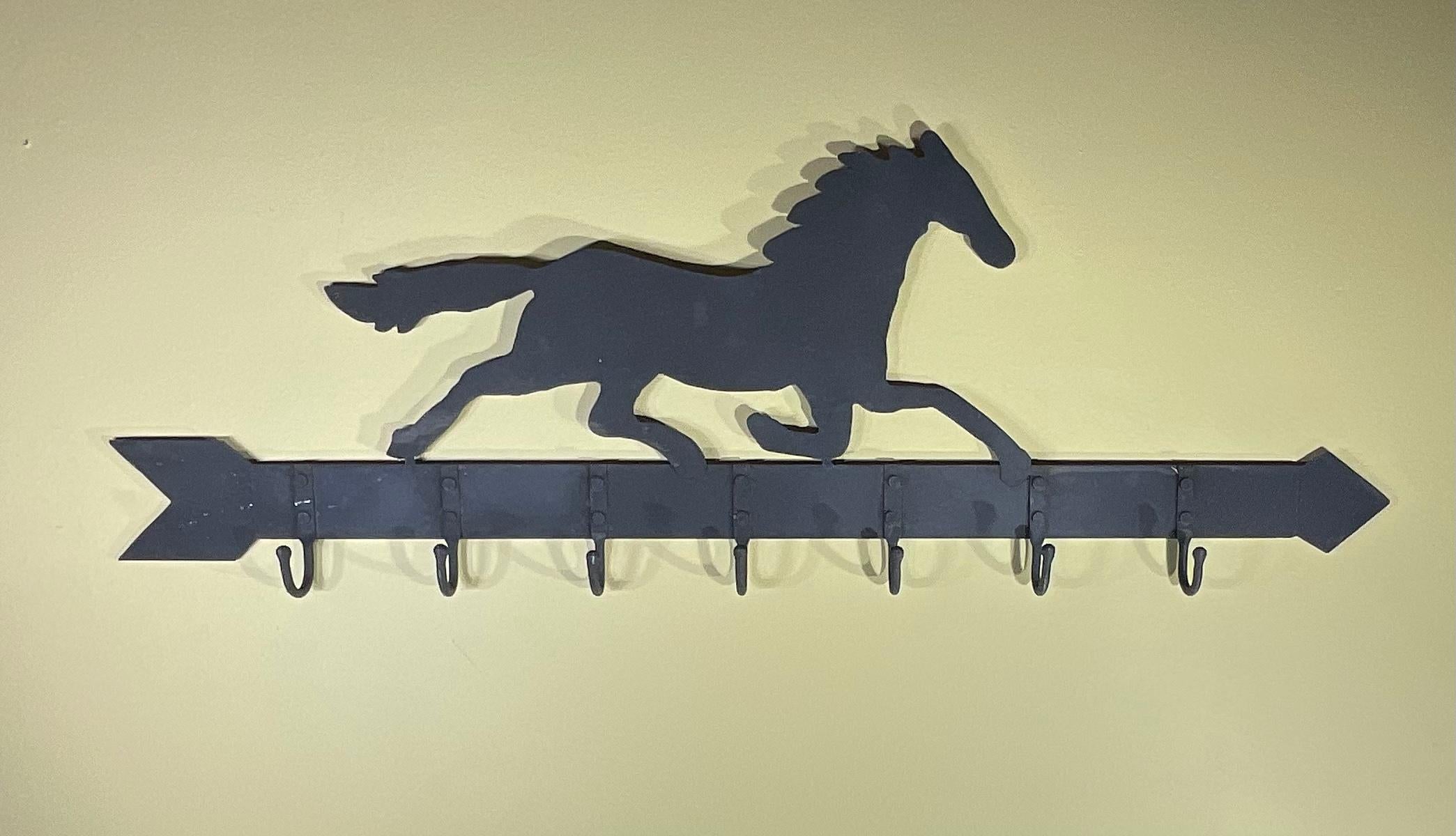 This elegant shelf features a decorated wall bracket, beautiful iron work of running horse.
With hanging hooks, very practical for use to all horse lovers.
 