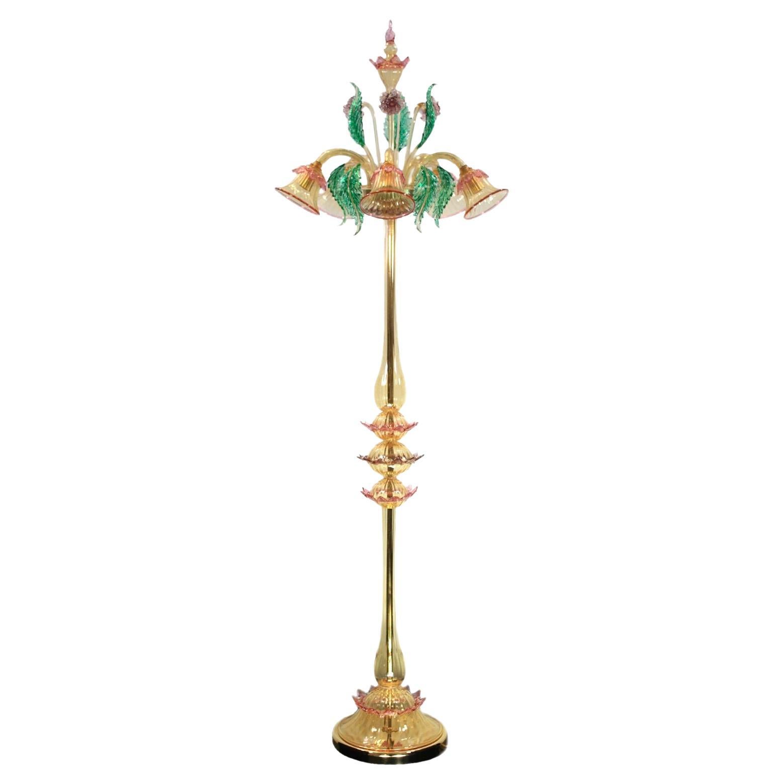 Artistic Floor Lamp 5 Arms Amber Murano Glass, Colorful Details by Multiforme For Sale