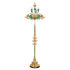 Artistic Floor Lamp 5 Arms Amber Murano Glass, Colorful Details by Multiforme